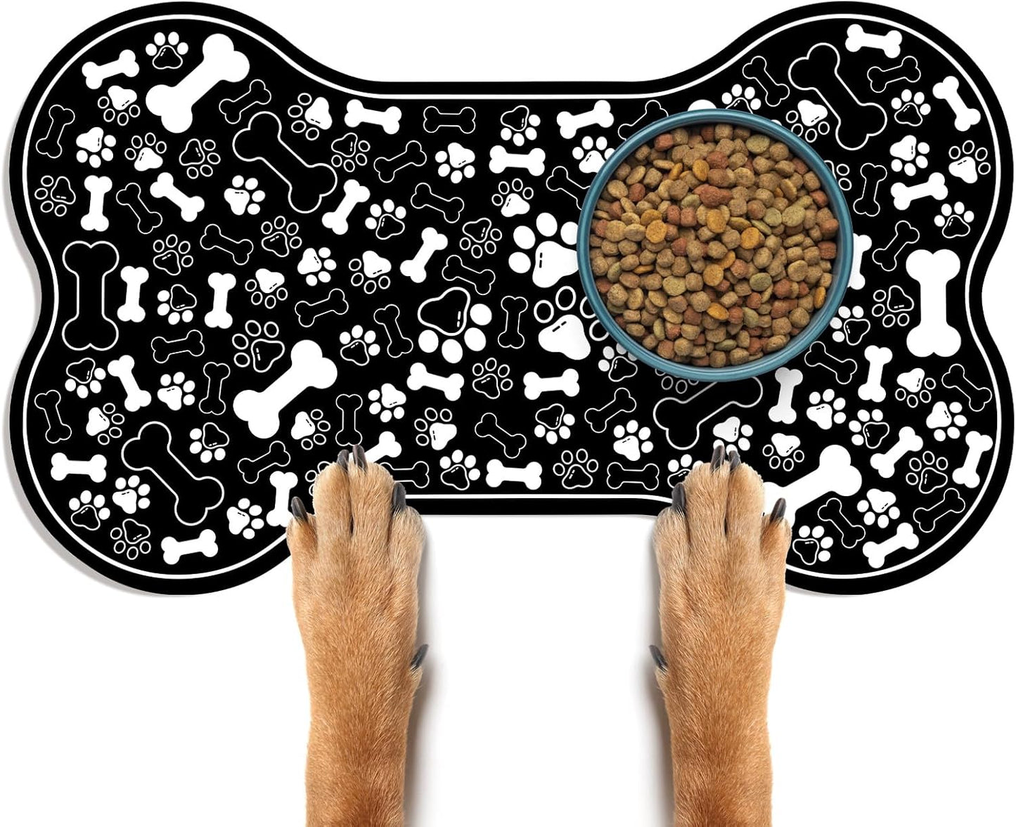 Dog & Cat Food Mat Bone Shaped Pet Feeding Mat Quick Absorb Water Bowl Placemat with Rubber Backing Indoor Floor Stain Resistant Pet Accessory Supplies (Black, 17x29 Inches)