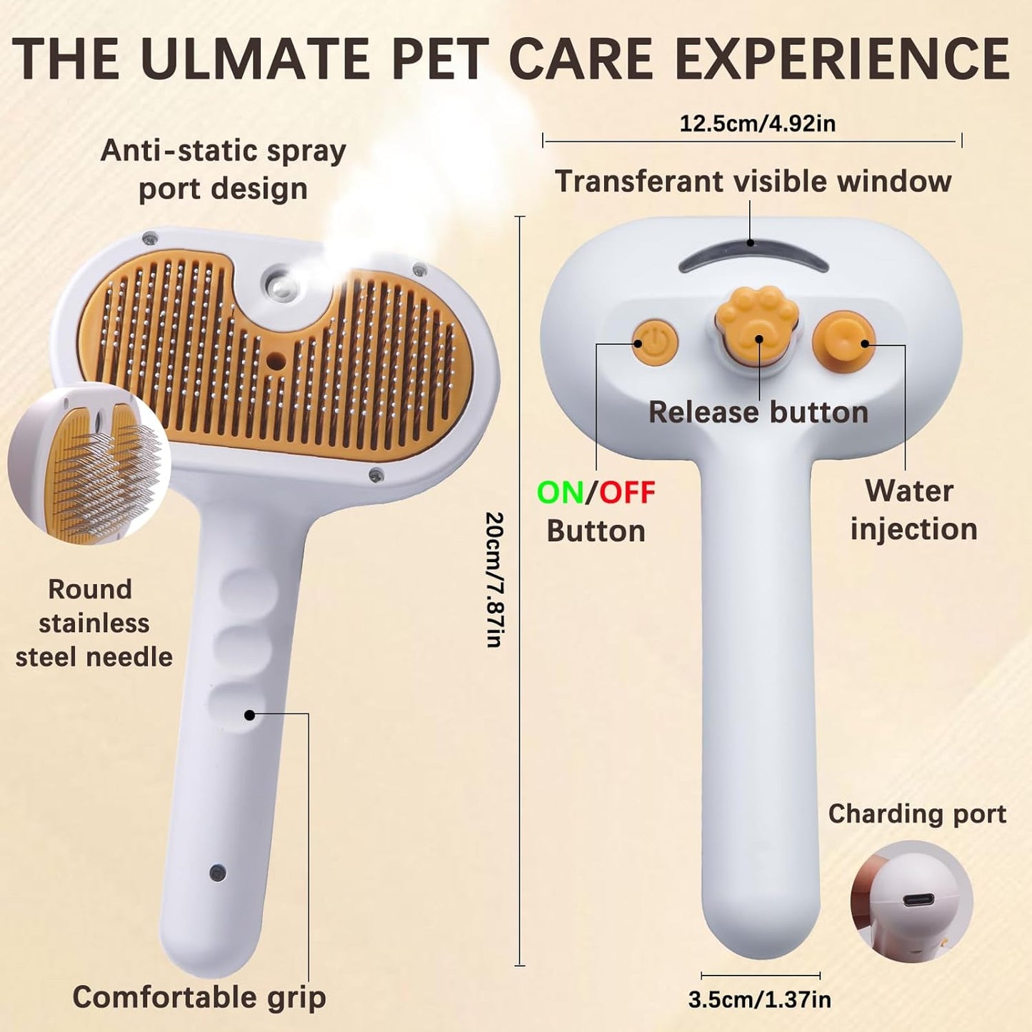 Pet Steam Brush for Dogs and Cats - 4-in-1 Spray Detangling Comb - Steam Detangling and Grooming - Water Brush for Long and Short Haired Pets - Includes Waterless Shampoo and Comb