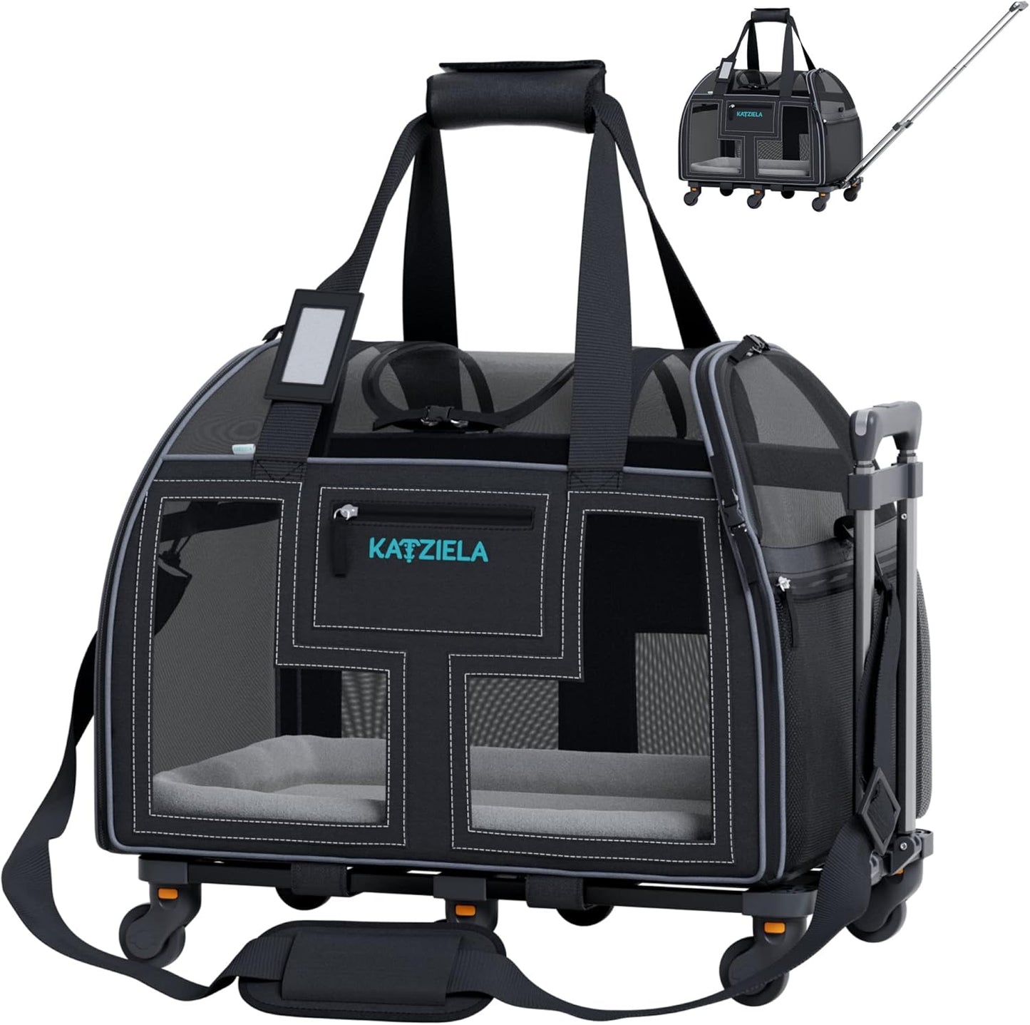 Katziela Rolling Pet Carrier Airline Approved - Pet Carrier with Wheels - Luxury Lorry - Deluxe TSA Approved Cat Carrier with 6 Wheels - Small Airline Approved Dog Carrier Trolley - Plane Carry On Bag