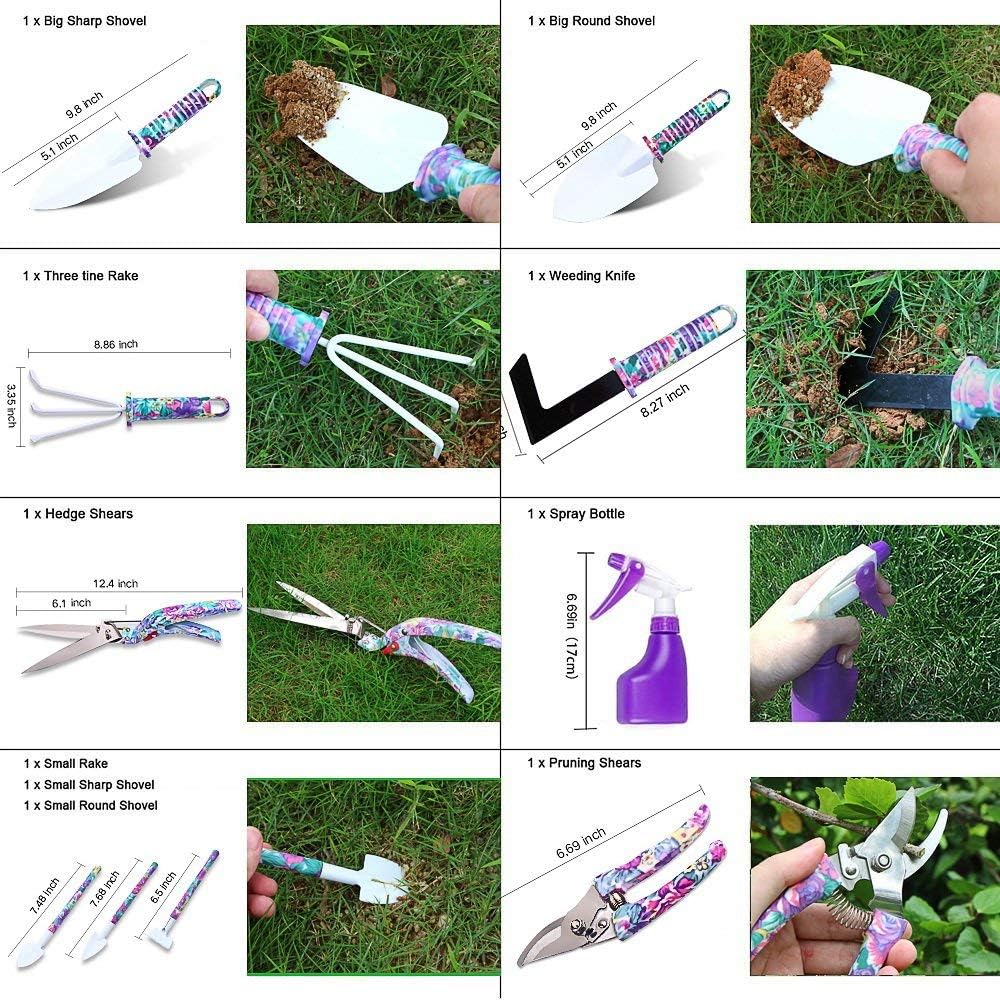 Garden Tools Set, 11 Pieces Gardening Gifts with Purple Floral Print, Ergonomic Handle, Trowel, Rake, Shovels, Pruner, Shears, Sprayer, Gloves, Garden Hand Tools with Carrying Case