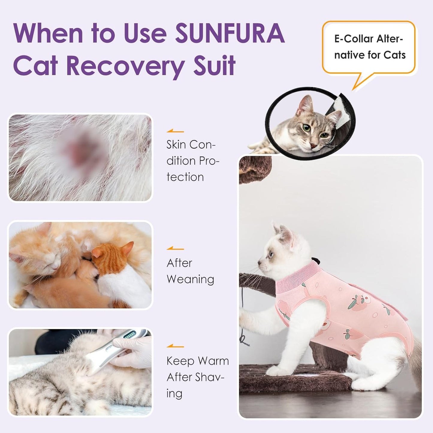 SUNFURA Cat Recovery Suit, Kitten Surgical Full Bodysuit for Abdominal Wound Protector Anti Licking After Surgery, Professional Bandages Cone E-Collar Alternative for Small Male & Female Pets