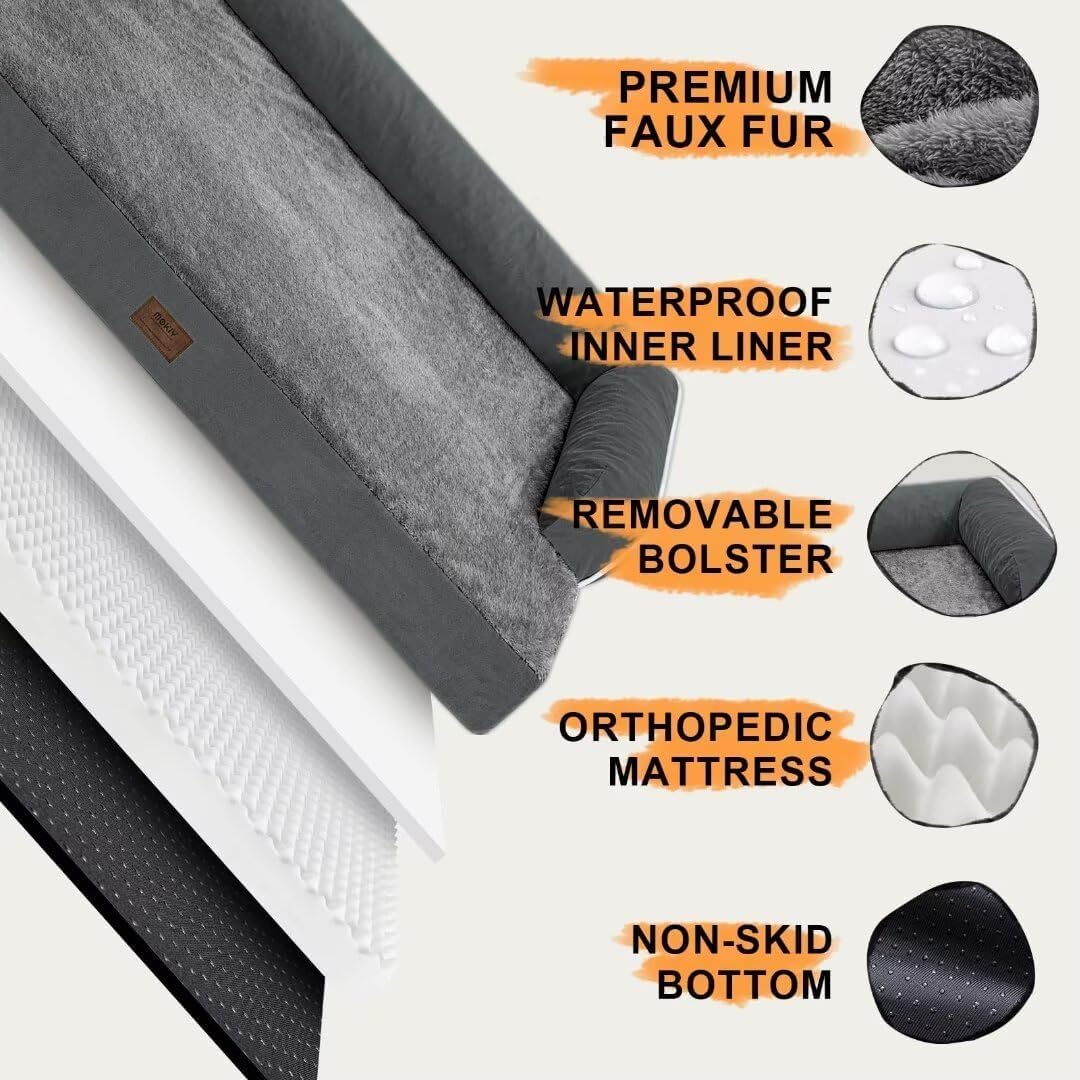 Extra Large Dog Bed-Orthopedic Waterproof XL Dog Bed for XLarge Extra Big Dogs - Foam Couch Sofa Washable with Removable Cover-Dark Grey