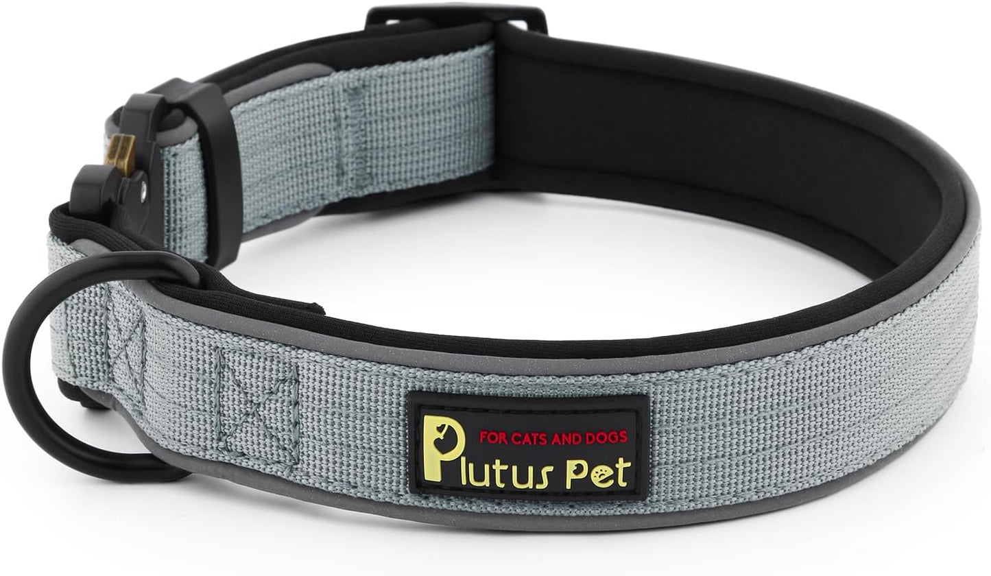 Plutus Pet Tactical Dog Collar, Reflective, Adjustable Heavy Duty Dog Collar, Soft Padded and Comfortable, for Small Medium and Large Dogs (Gray, S)