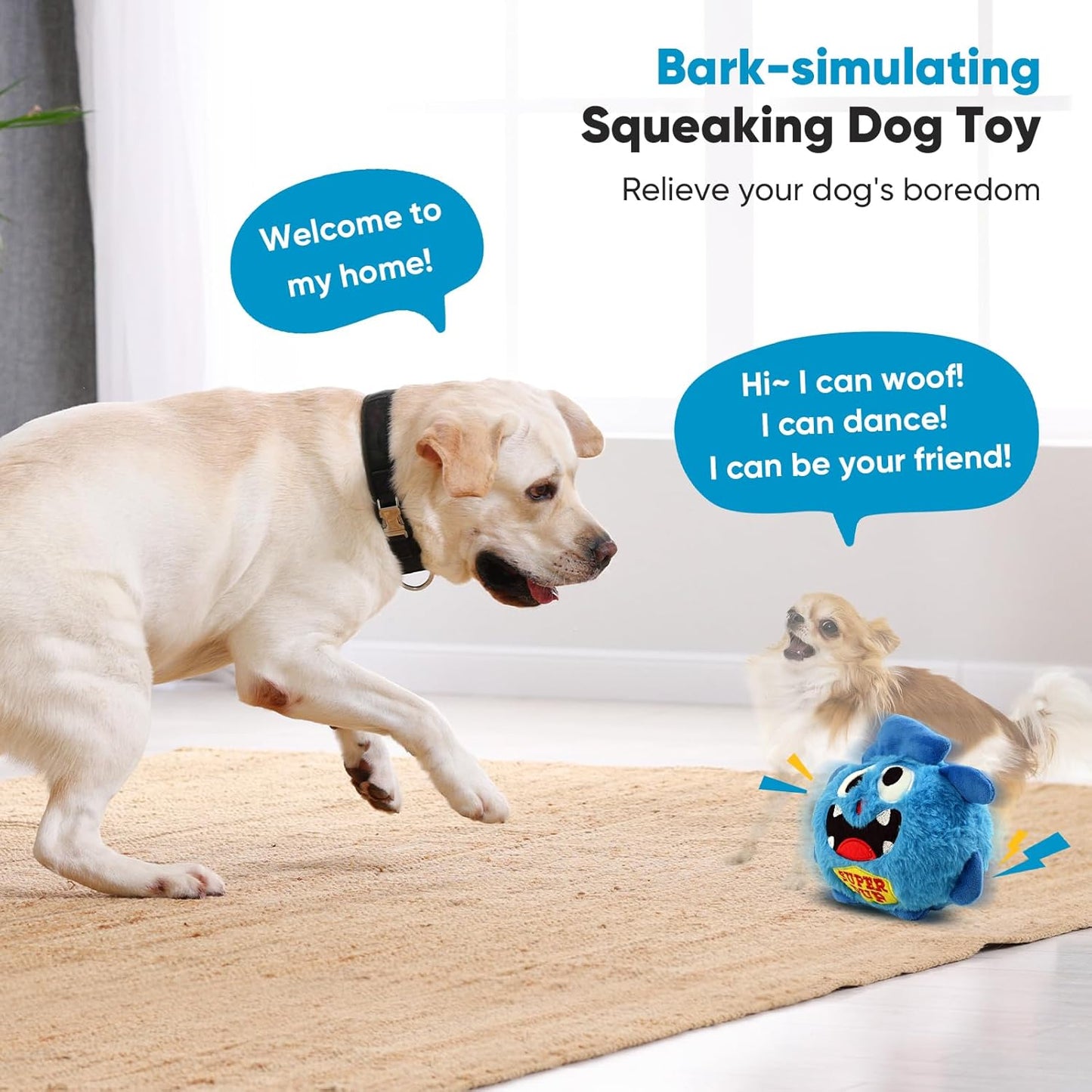 Petbobi Interactive Dog Toys for Boredom - Moving Dog Toy for Stimulating Play, Pet Plush Squeaky Ball for Small Medium Breeds with 4 Batteries, Blue