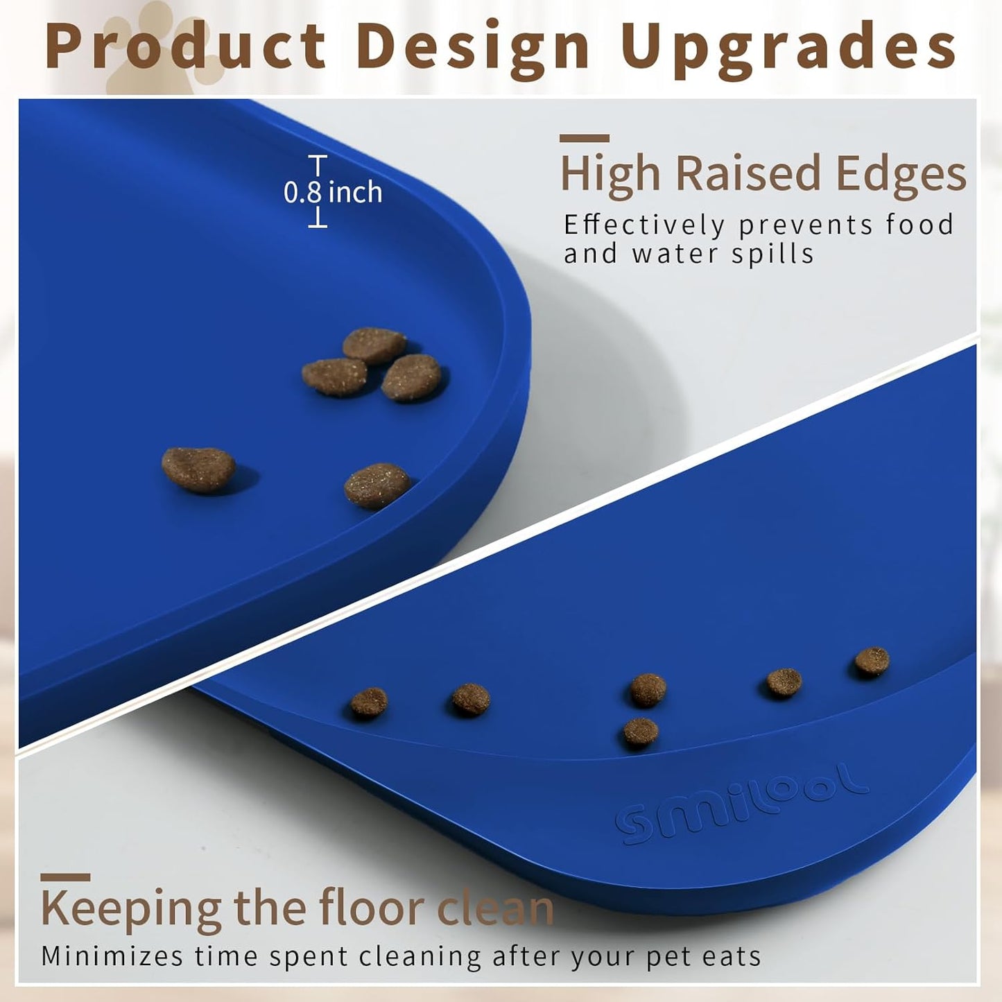 Silicone Pet Feeding Mat with Raised Edge & Residue Collection Pocket for Food and Water, Dog Bowl Mats, Cat Bowls Placemat with High Lip for Floor Waterproof, 22 x 14 x 0.8 Navy Blue