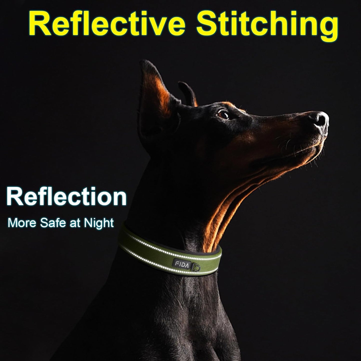 Fida Heavy Duty Dog Collar for Medium Dogs, Ultra Comfortable Soft Neoprene Padded, Adjustable Reflective Nylon Pet Collar with Durable Metal Belt Buckle for Medium Breeds (M, Green)