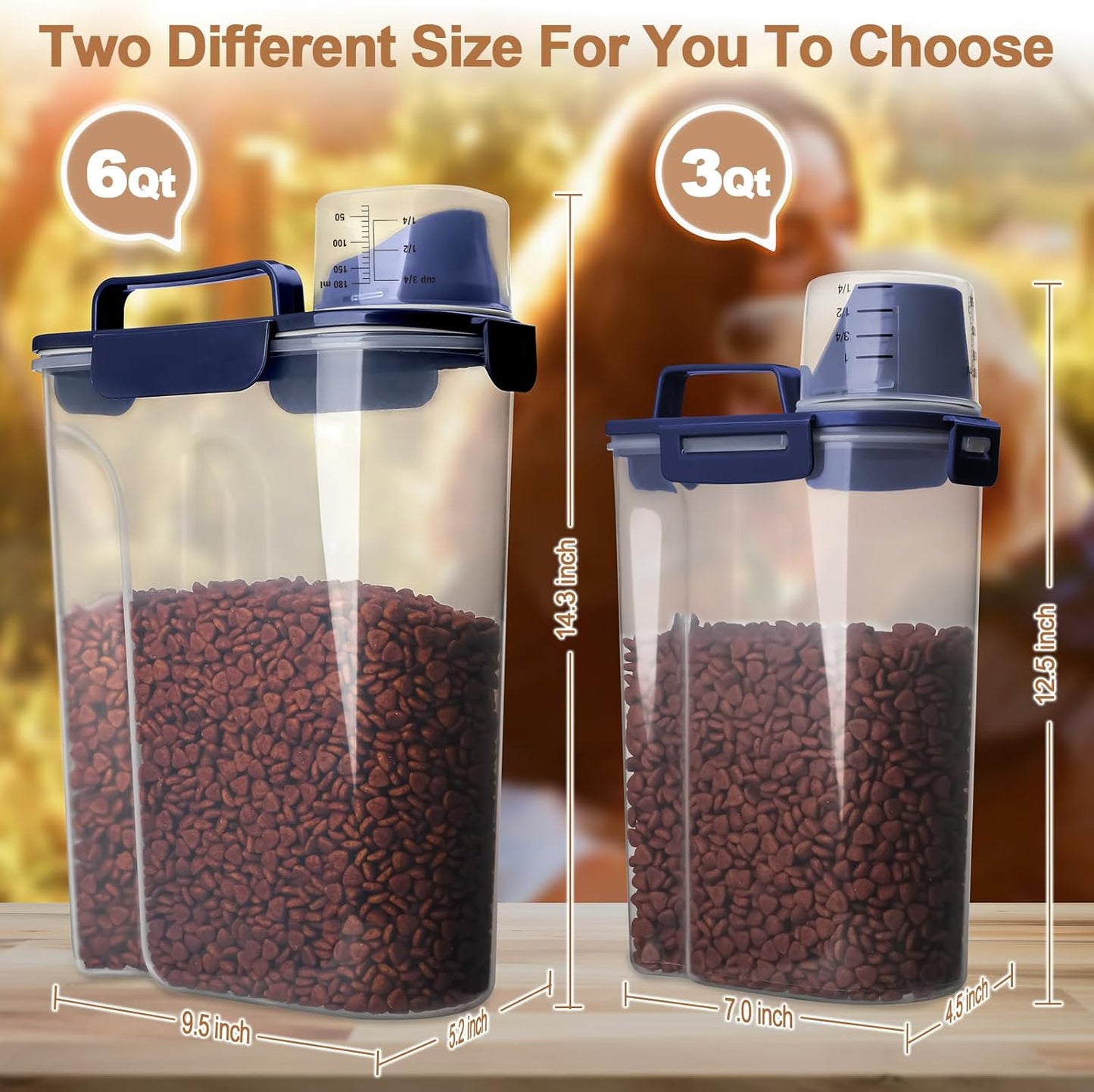 Dog Food Storage Container, 5-7 Lbs Airtight Pet Food Container, Cat food Container Dispenser with Portable Handle, Pouring Spout and a Collapsible bowl for Dogs Cats Navy Blue/6Qt