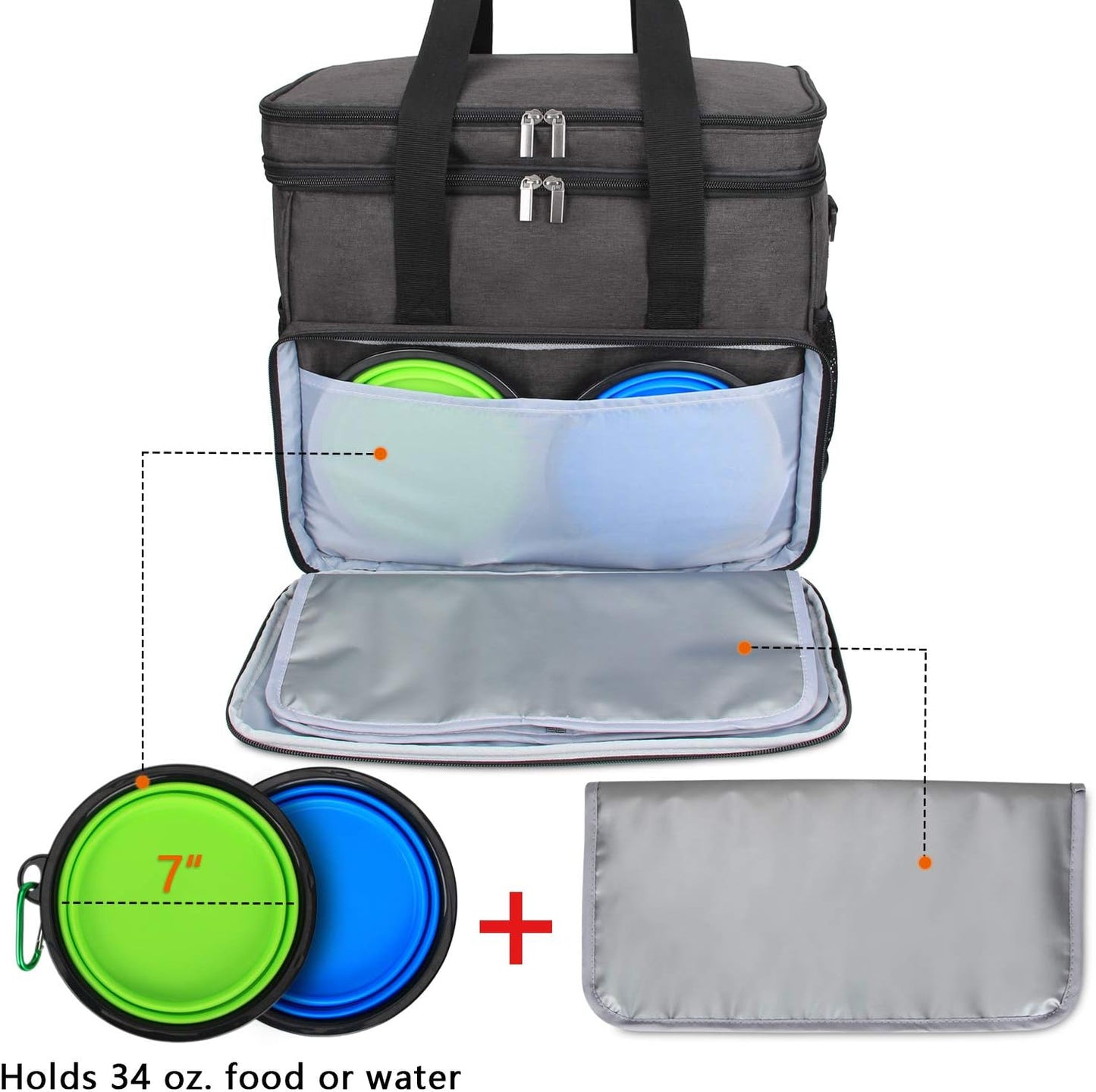 Teamoy Double Layer Dog Travel Bag, Dog Bag for Supplies with 2 Silicone Collapsible Bowls, 2 Food Carriers, 1 Water-Resistant Placemat, Pet Supplies Weekend Tote Organizer (Large, Black)