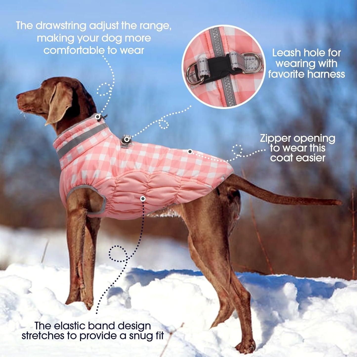 FUAMEY Dog Coat for Large Dogs,Waterproof Dog Winter Jacket with Harness Built in Puppy Cold Weather Coats Reflective Pet Vest with Zipper Warm Fleece Dogs Snowsuit Windproof Pink Plaid 3XL