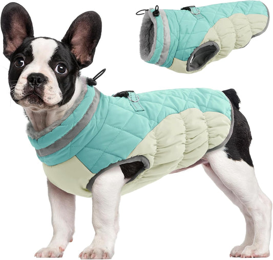 FUAMEY Dog Coat for Medium Dogs,Waterproof Dog Winter Jacket with Harness Built in Puppy Cold Weather Coats Reflective Pet Vest with Zipper Warm Fleece Dogs Snowsuit Windproof Mint Green M