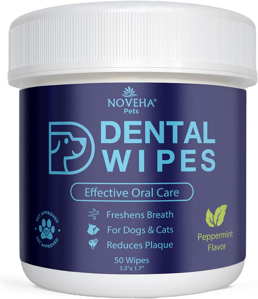 NOVEHA Pets Dental Finger Wipes for Dogs & Cats | Freshens Breath, Reduces Plaque | Healthier Gums | Clean Teeth No Toothbrush | Vet Recommended Effective Natural Oral Care (50 pcs, Mint)