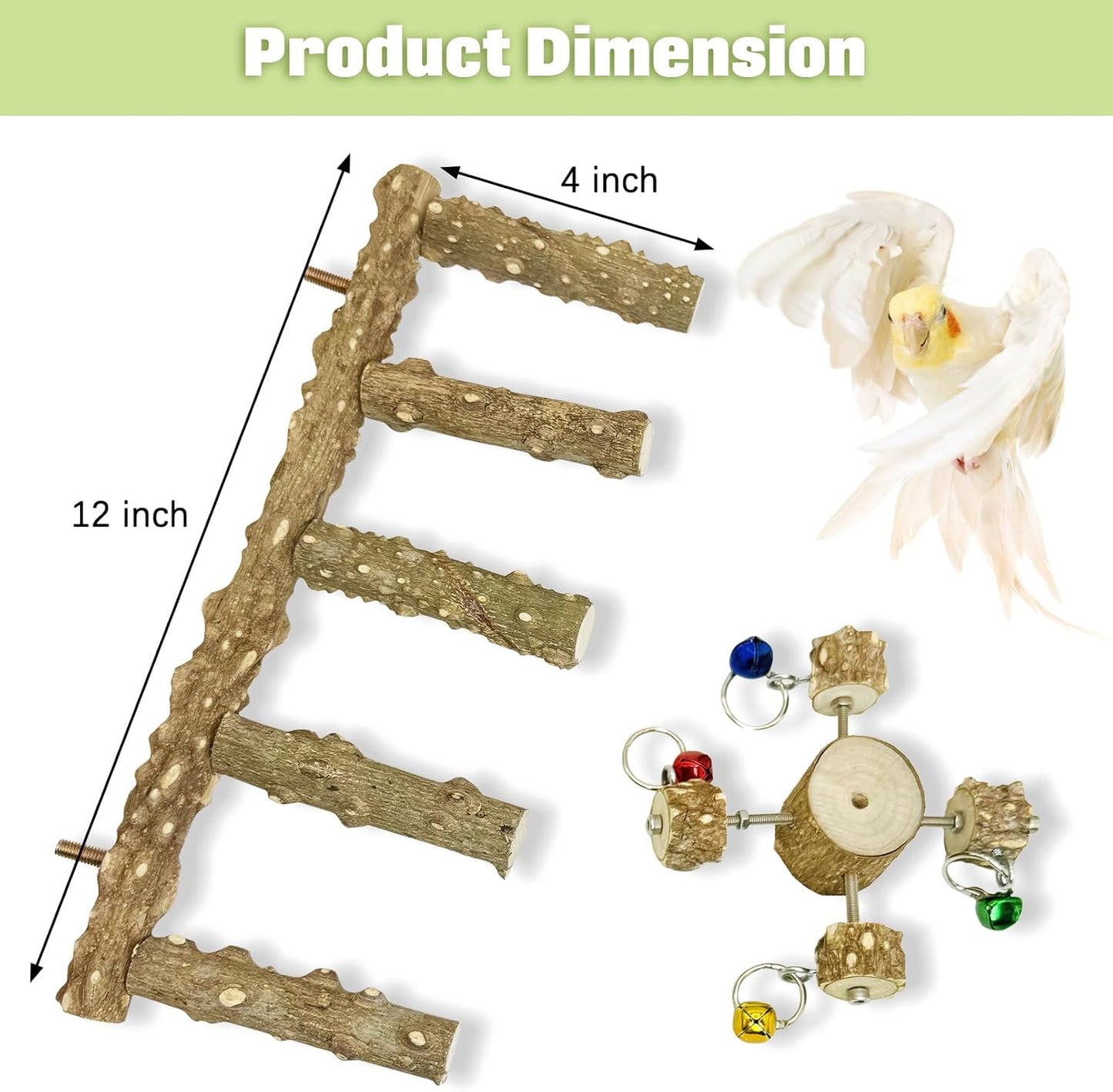 BNOSDM Natural Wood Bird Ladder Perch with Rotating Bell Toys-Exercise Stands for Parrot Climbing Chewing Parakeet Bridge Cage Accessories for Cockatiel, Conures, Lovebirds, Budgie