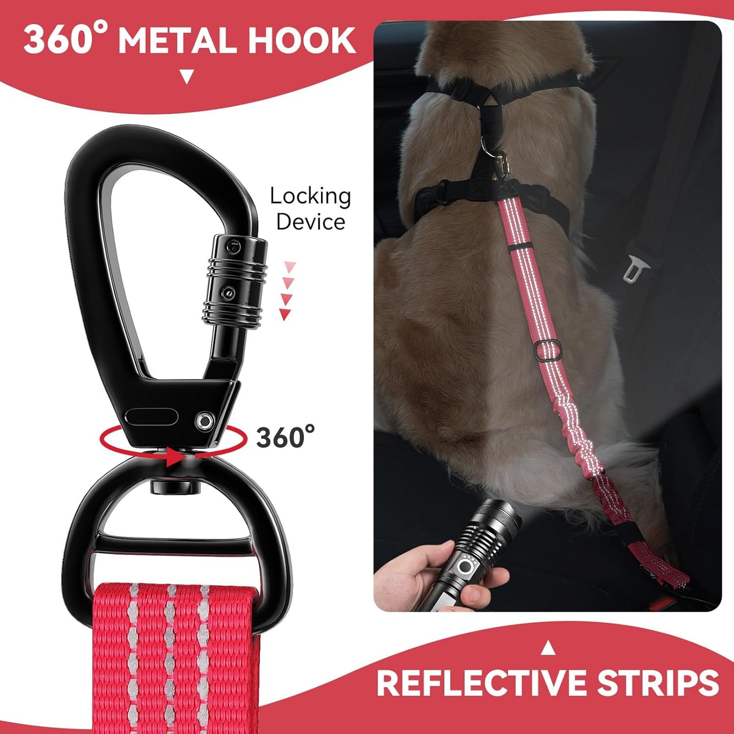 Pawaboo Dog Seatbelt for Car, 3-in-1 Dog Seat Belt Bungee, Shockproof Dogs Tether for Car with Buckle & Hook Latch, Adjustable Reflective Dogs Cars Harness Leash with 360° Lockable Buckle, Red