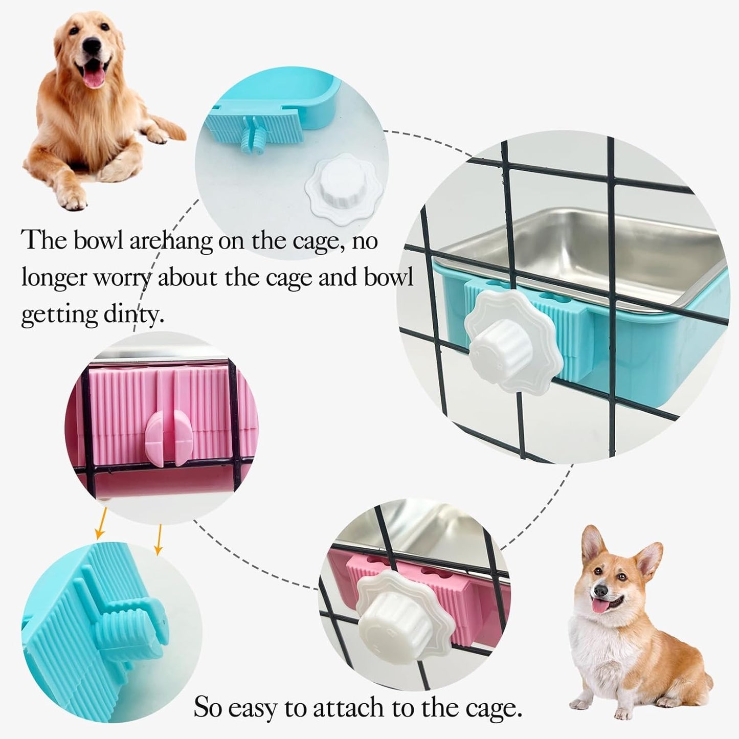 kathson Crate Dog Bowl, Removable Stainless Steel Hanging Pet Kennel Cage Bowl Food & Water Feeder Coop Cup for Puppy, Cat, Rabbit,Guinea Pigs 2pcs Large Square(Blue,Pink)