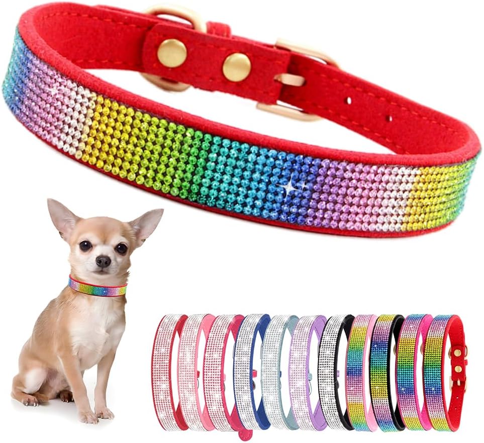 Rhinestone Dog Collar for Small Dogs, Bling Diamond Fancy Crystal Glitter Pretty Jewel Pet Puppy Collars for XXS XS Small Medium Large Breed Girl Dogs Female Cats Kitten, Colorful Red S