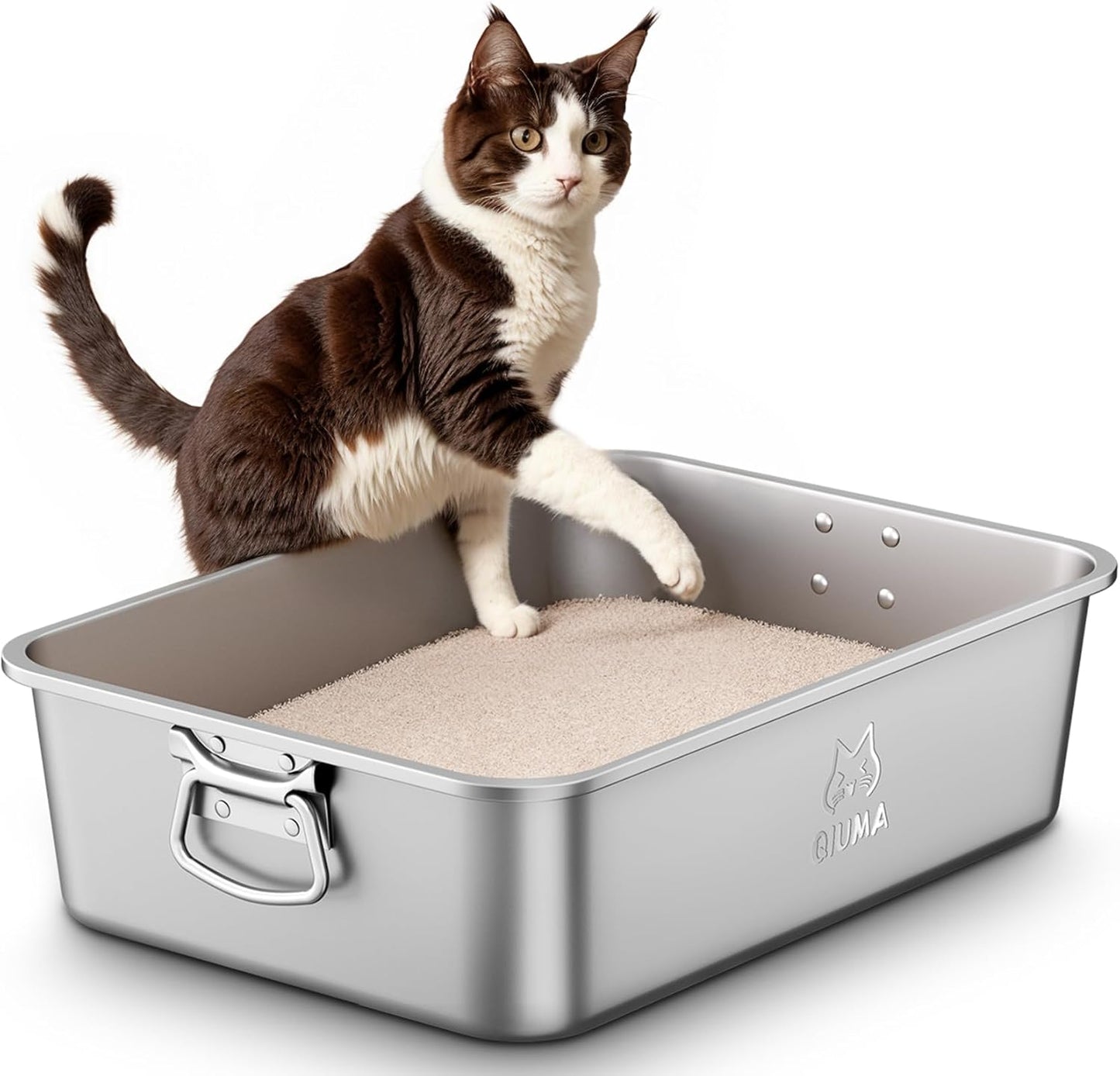 Stainless Steel Litter Box with Handle, Large Metal Cat Litter Box with High Sided for Big and Small Cats, Kitty Litter Boxes, Non-Stick, Easy to Clean, Odor-Free, Small Cat Toilet