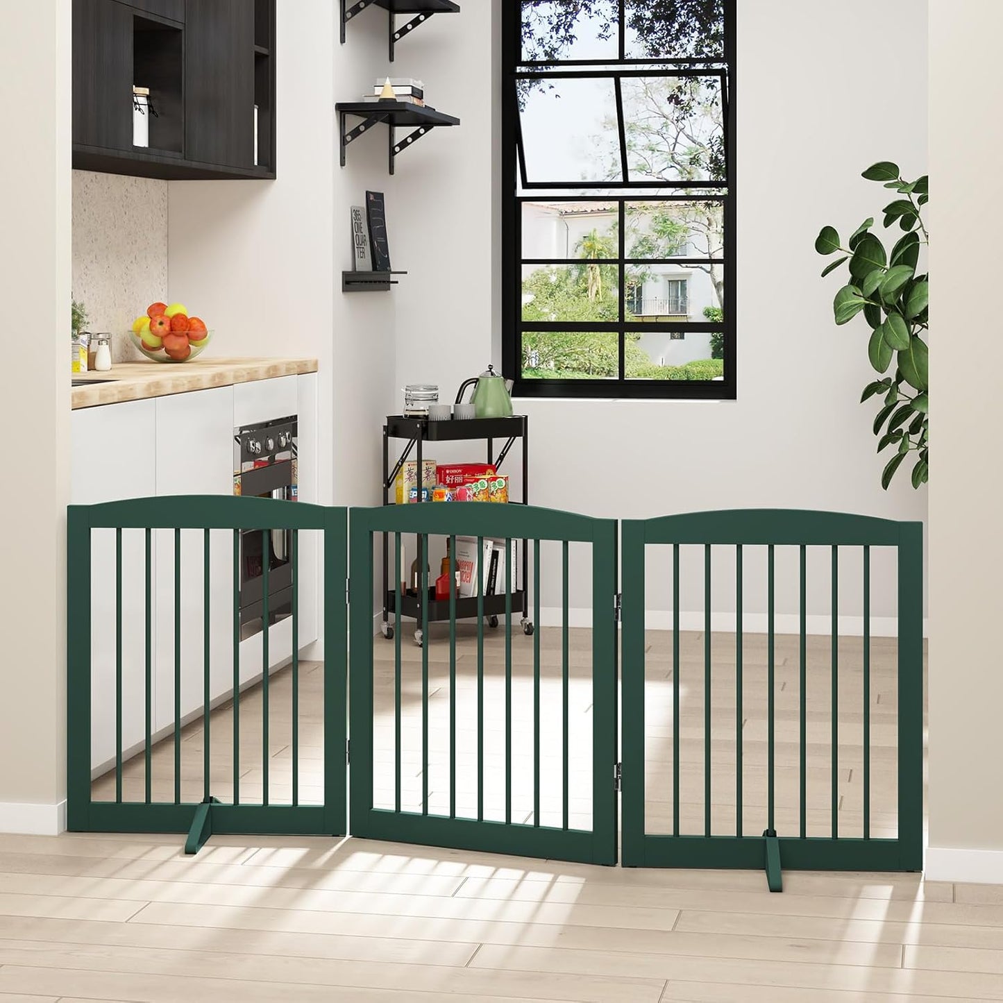 Freestanding Pet Gate for Dogs, Foldable Wooden Dog Gate for House, Indoor Dog Gate for Doorways, Stairs, Step Over Pet Puppy Safety Fence, Support Feet Included,24" Height 3 Panels,Green