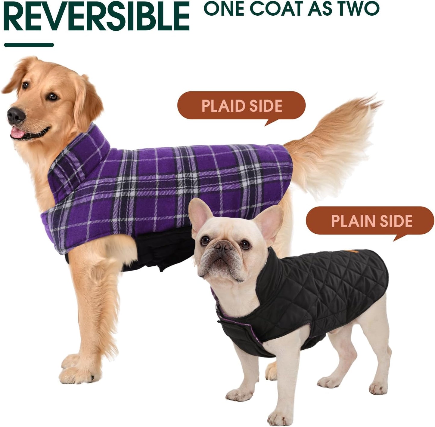 Kuoser Waterproof Dog Coat, Reversible Dog Jacket for Large Dogs, Adjustable Durable Doggie Winter Coat for Groowing Puppies Warm Puppy Cold Weather Apparel, Purple L