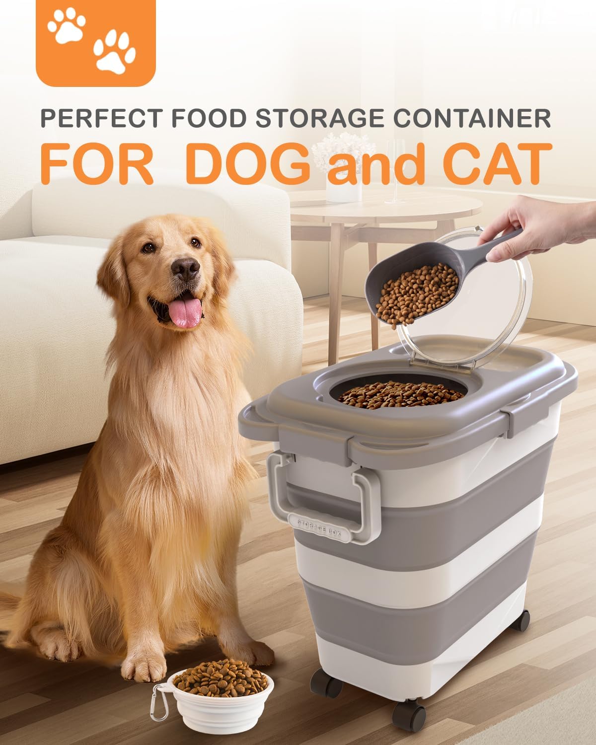 25-28 Lbs Dog Food Storage Container with Handle, Collapsible Dog Food Container with Airtight Lids, Wheels, Large Pet food storage Container for Dog Cat,Dog Food Scoop,Small Container