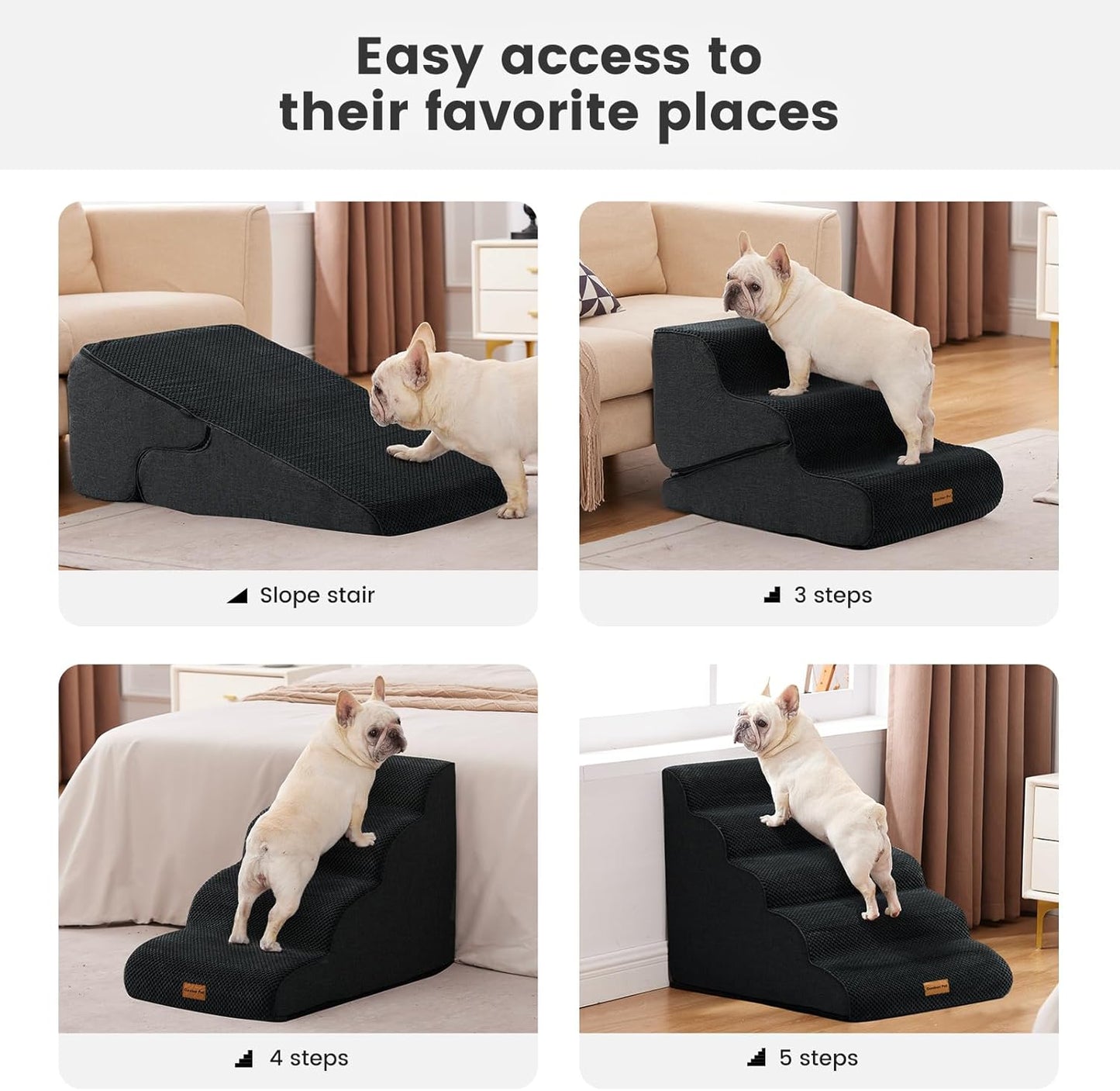 Gardner Pet Dog Stairs for Small Dogs 22.8" H, 5-Step Black Curved Pet Stairs, Dog Steps for High Bed, Couch (24-30 in) with Durable Non-Slip Waterproof Fabric Cover and CertiPUR-US Certified Foam