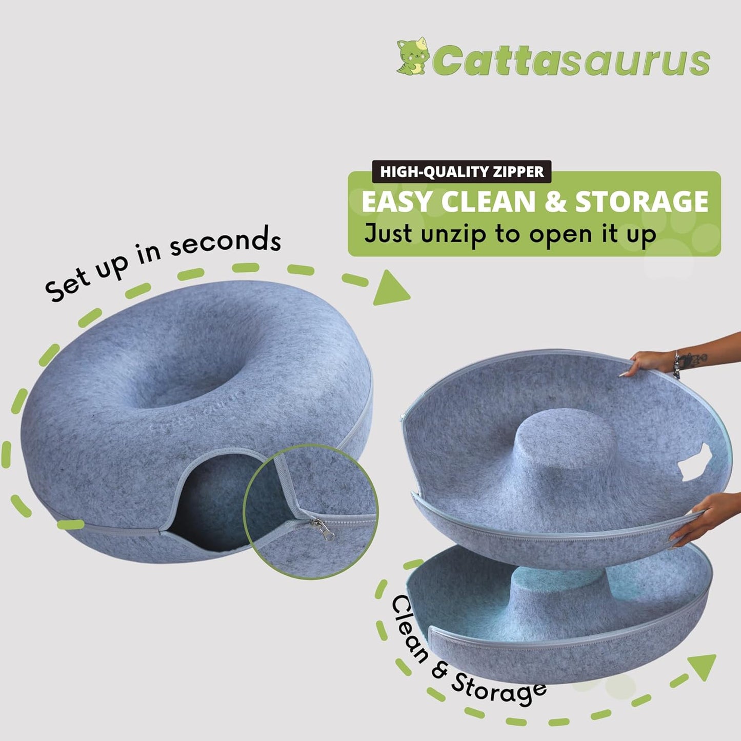 Cattasaurus Peekaboo Cat Cave, Extra Spacious for Multiple & Large Cats 12+ lbs, Scratch Detachable Beds for Indoor Cats, Washable Tunnel Bed, Comfy Cat Donut Tunnel (Light Gray+Light Gray, Jumbo)