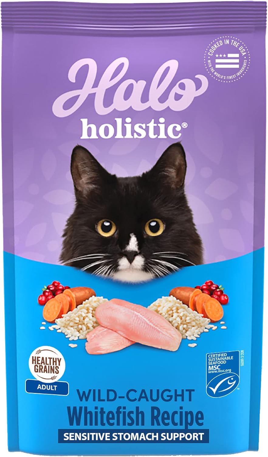 Halo Holistic Cat Food Wild Caught Salmon & Whitefish Formula, Healthy Grains Dry Cat Food, For Sensitive Stomach Support, Kibble for Adult Cats, 3 lb Bag