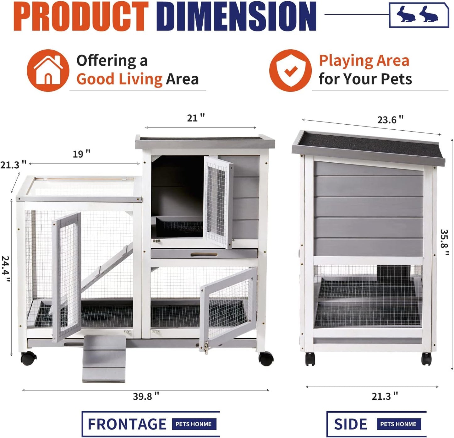Rabbit Hutch, Indoor Rabbit Cage Two Story Bunny Hutch with Wheels Guinea Pig Cages with Removable No Leaking Tray, Ramp, Outdoor Pet House for Small Animals