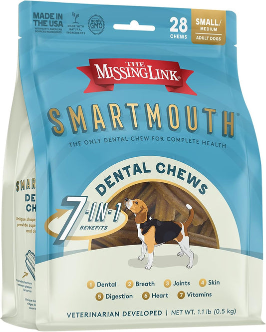The Missing Link Smartmouth Vet Developed Dental Chew Treats, 7-in-1 Benefits: Healthy Teeth & Gums, Breath, Skin, Joints, Digestion, Heart, Immune System – Small/Medium 15-50lb Dogs, 28 Ct