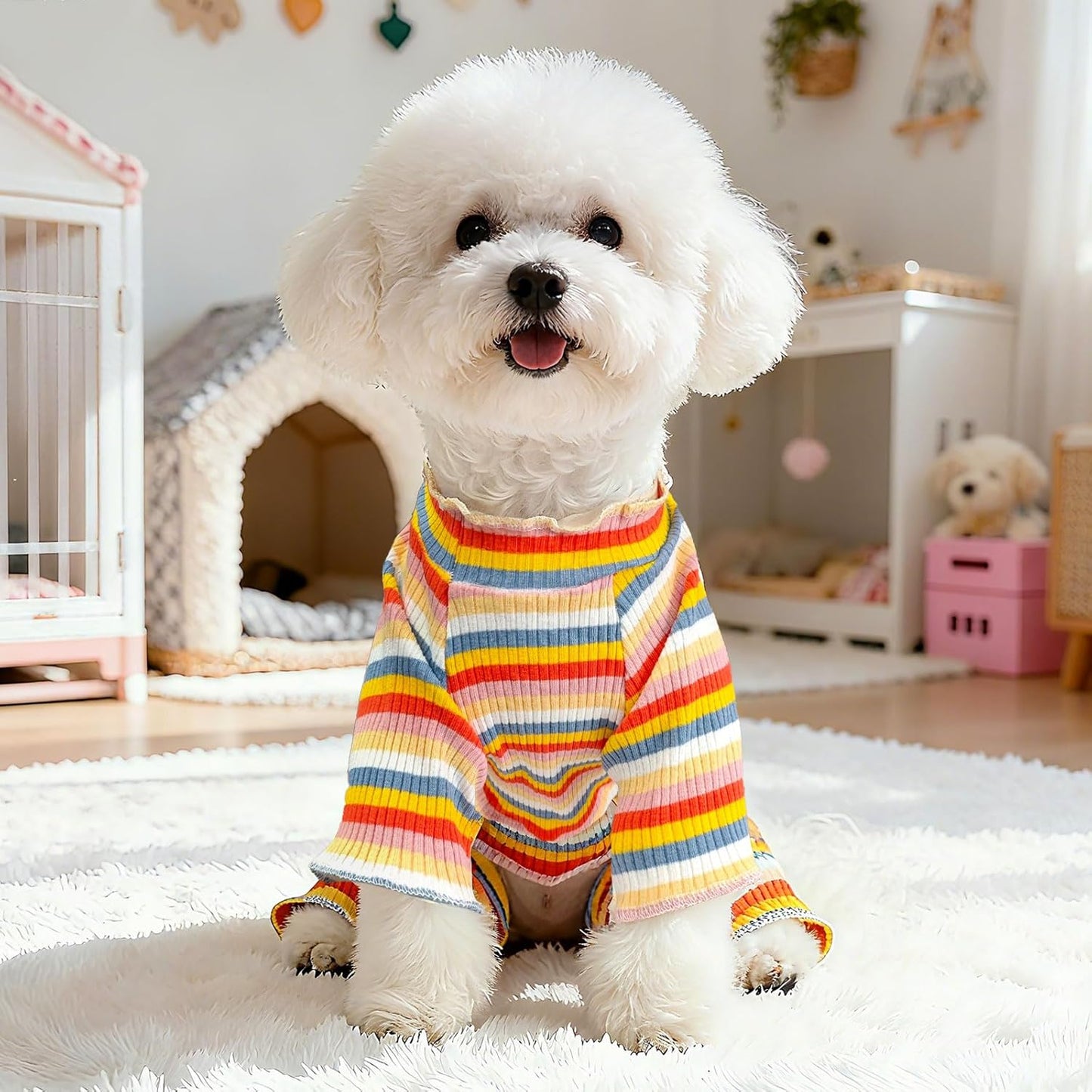 BAEJMJK Striped Dog Pajamas Stretchy Cute Four-Legged Boy Girl Dog Clothes with Sleeves Comfortable Dogs Jumpsuit Colorful Pet Puppy Outfits Apparel for Small Medium Dogs Cats (Yellow,Large)