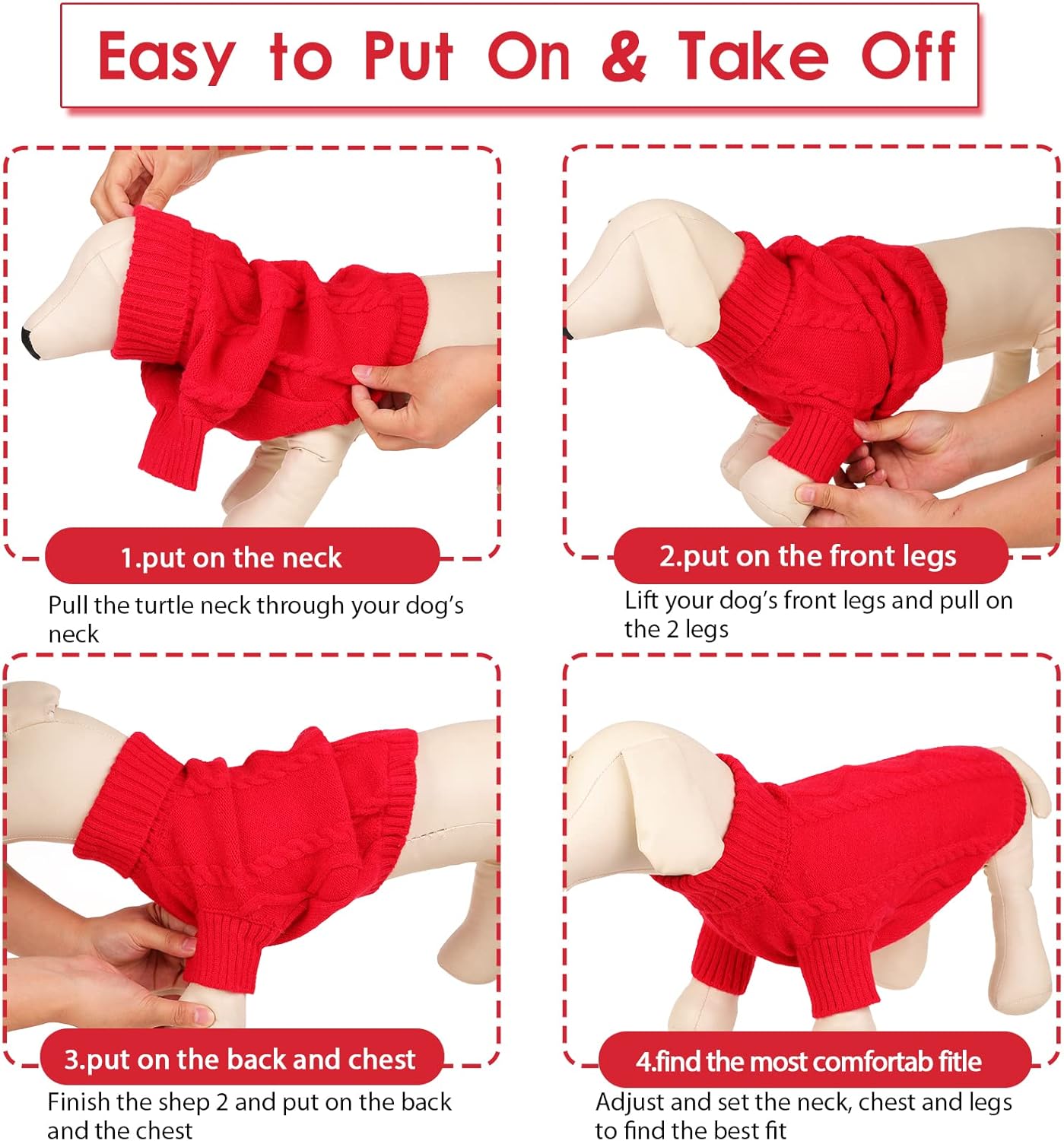 Queenmore Small Dog Pullover Sweater, Cold Weather Cable Knitwear, Classic Turtleneck Thick Warm Clothes for Chihuahua, Bulldog, Dachshund, Pug (Red, X-Large)