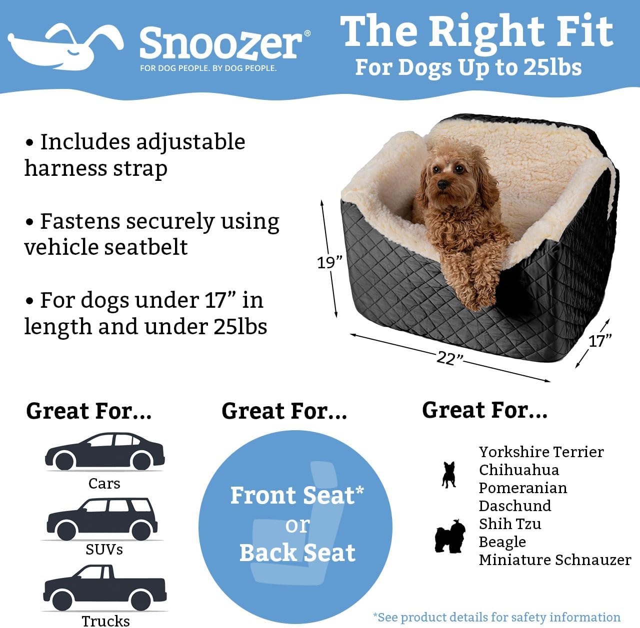 Snoozer Lookout I Car Seat - Dog Car Seats for Small Dogs, Puppy Booster Bed for Small & Medium Sized Pets Up to 25 Lbs, Elevated, Washable - Medium, Sapphire