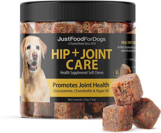 JustFoodForDogs Hip + Joint Soft Chews Mobility Supplement for Dogs with Glucosamine and Chondroitin, Superfood Blend, Human Grade, Plant-Based - 45 Count