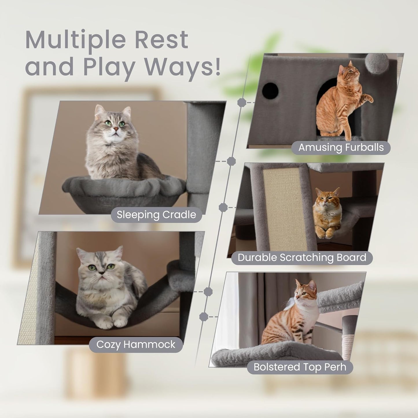 SHA CERLIN 65in Larger Cat Tree Tower Condo for Indoor Kitties/Multi-Level Furniture Activity Center with Wide Base/Cozy Plush Cat Perches/Baskets/Sisal Scratching Posts and Hammock/Grey