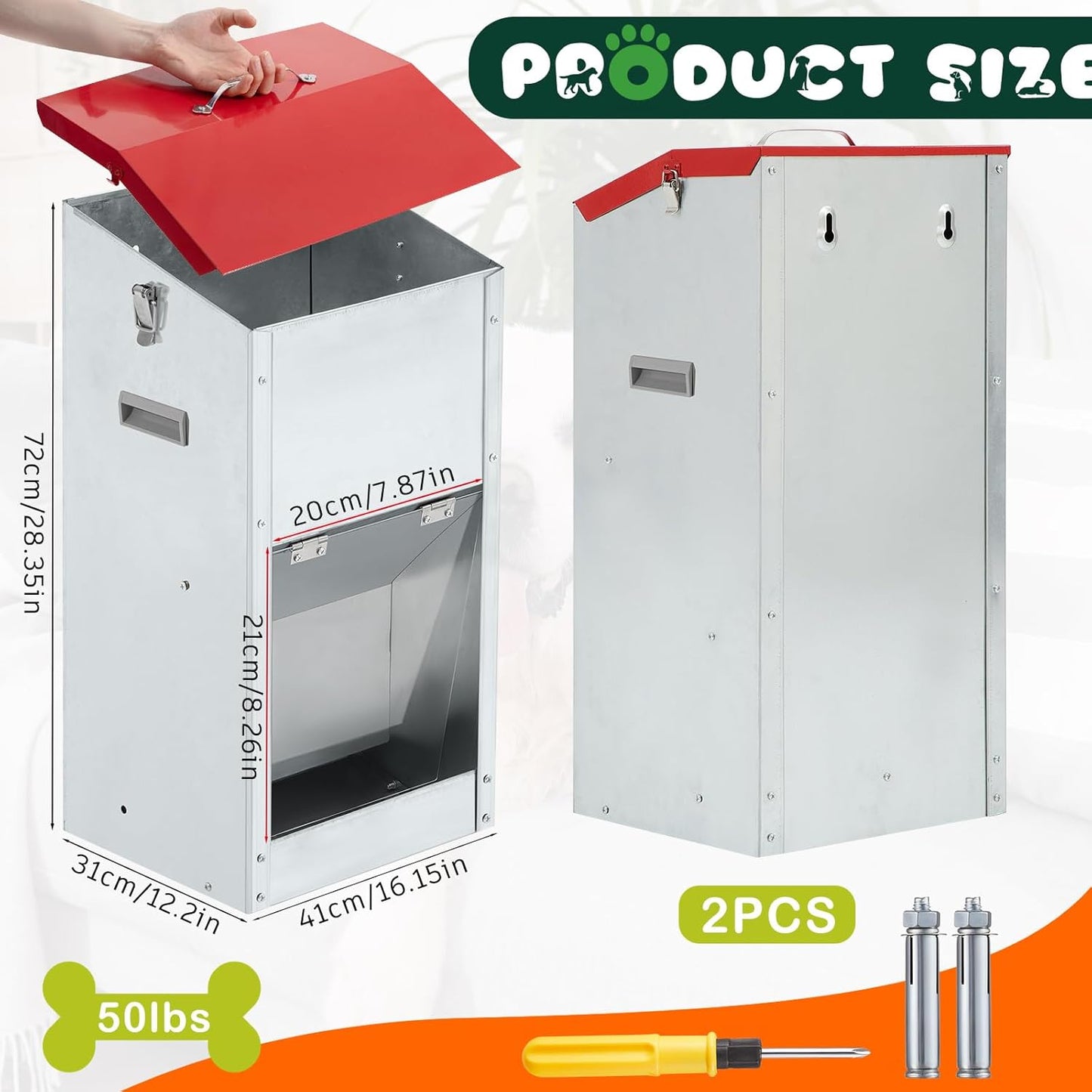 2 Pcs 50 Lbs Large Automatic Dog Feeders with Handle Acrylic Panel Galvanized Gravity Feeder Outdoor Hanging for Doggie Breed Dog Food Dispenser Container(Red)