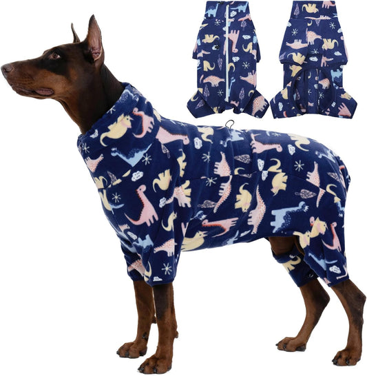 ROZKITCH Dog Clothes for Large Dogs Soft Fleece Pullover Pajamas, Pet Windproof Warm Cold Weather Jacket Vest with Reflective Zipper, Jumpsuit Apparel Outfit Clothes for Large Dog Dinosaur 2XL