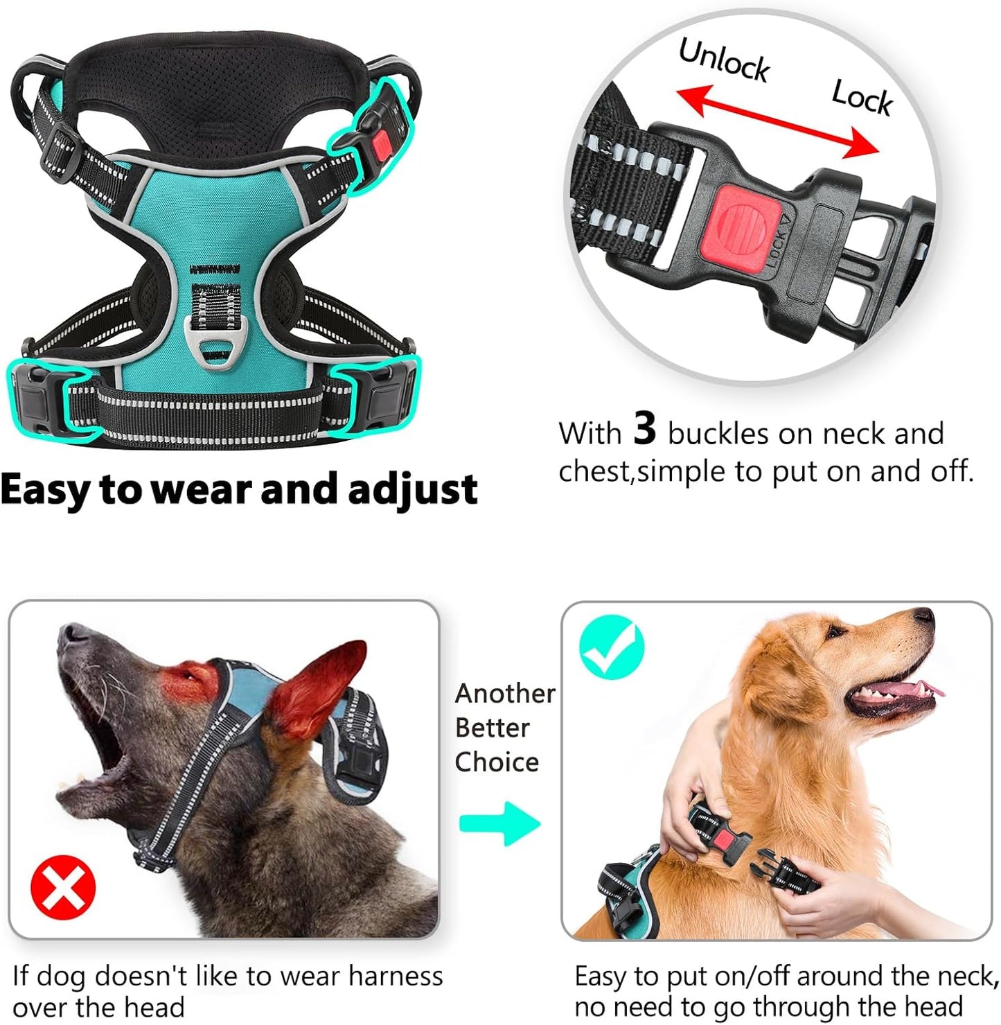 Timos No Pull Dog Harness,NO Need Go Over Dogs Head 3 Snap Buckles Reflective Oxford No Choke Puppy Harness with Front & Back 2 Metal Leash Clips Soft Padded Vest Harnesses for Small Medium Large Dogs
