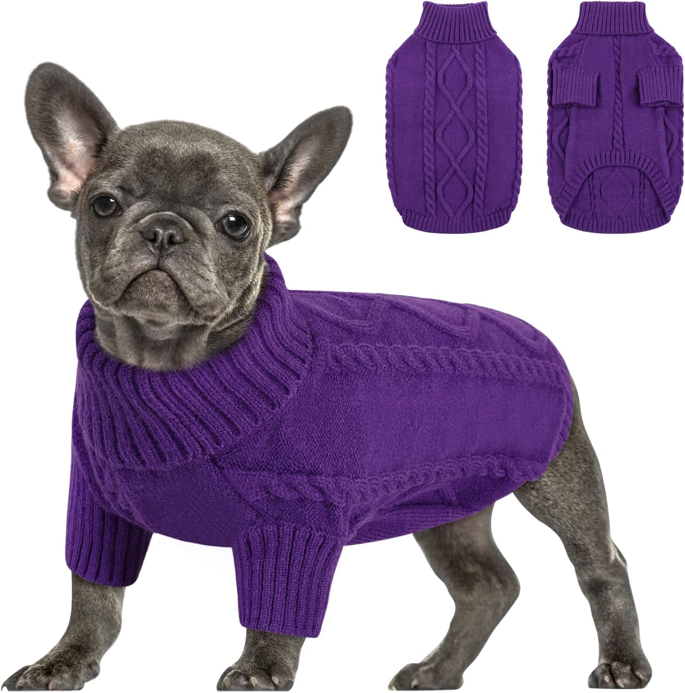 Queenmore Small Dog Pullover Sweater, Cold Weather Cable Knitwear, Classic Turtleneck Thick Warm Clothes for Chihuahua, Bulldog, Dachshund, Pug (Purple, Large)