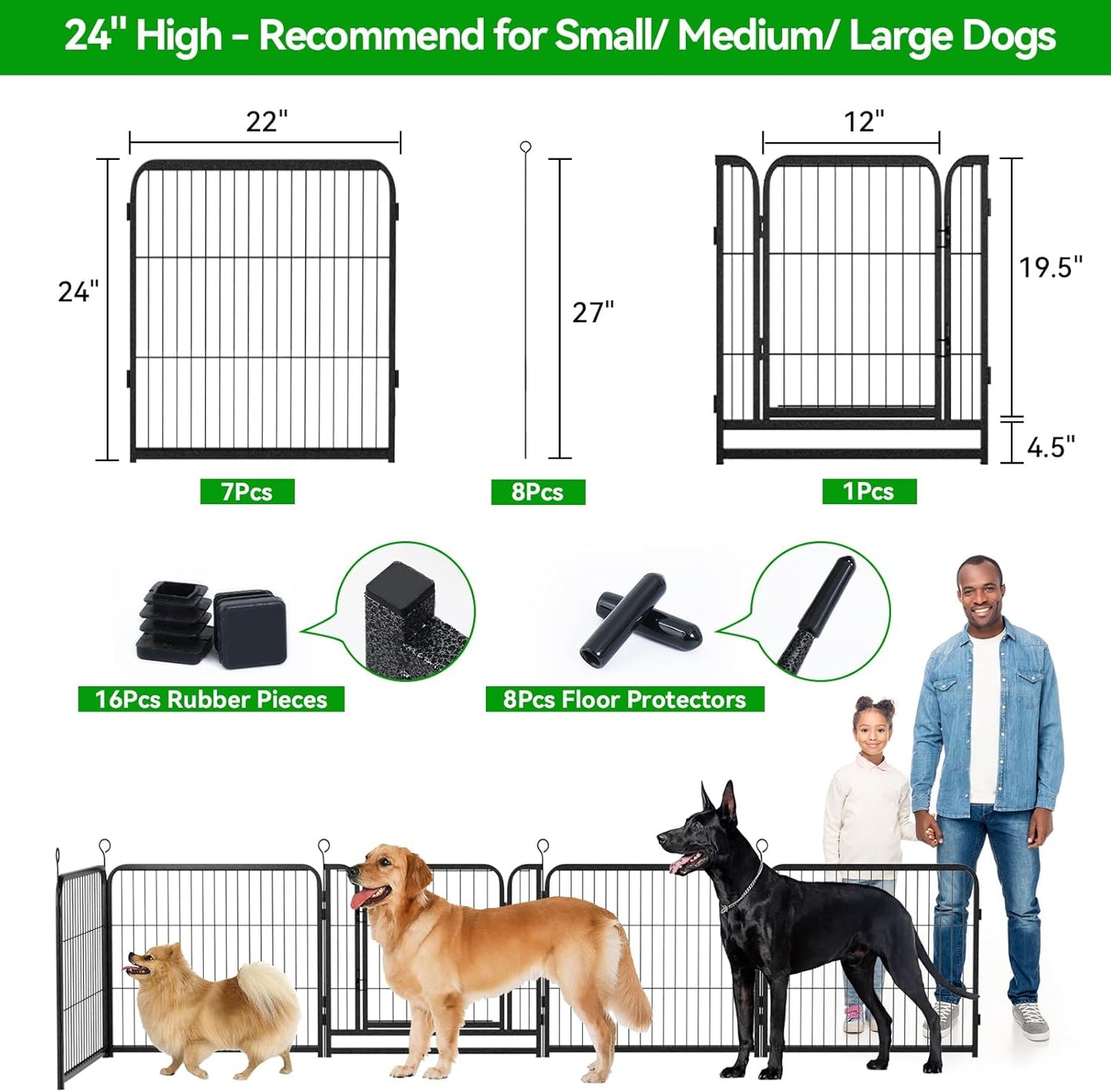 Dog Playpen Outdoor Extra Wide 16 Piece Panels Heavy Duty Dog Fence 24" Height Anti-Rust with Doors Portable for RV Camping Yard, Total 29FT, 68 Sq.ft, Snowy Black