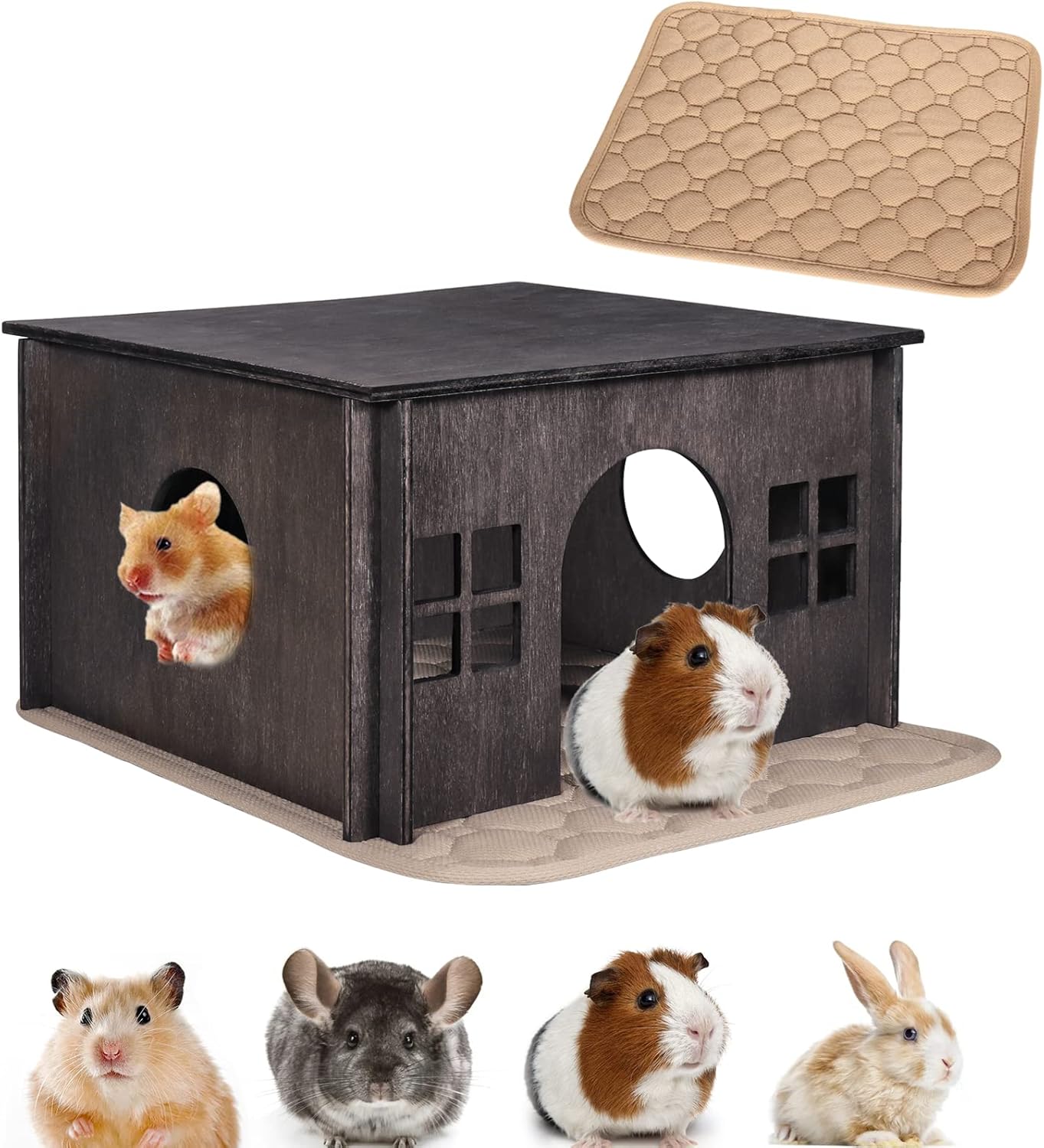 Wooden Guinea Pig House with Windows,Hamster Hideout, Large Size Suitable for Two Guinea Pig Hideout, Ventilated Wood Habitats Decor for Chinchilla, Hamster Mice Gerbils Mouse