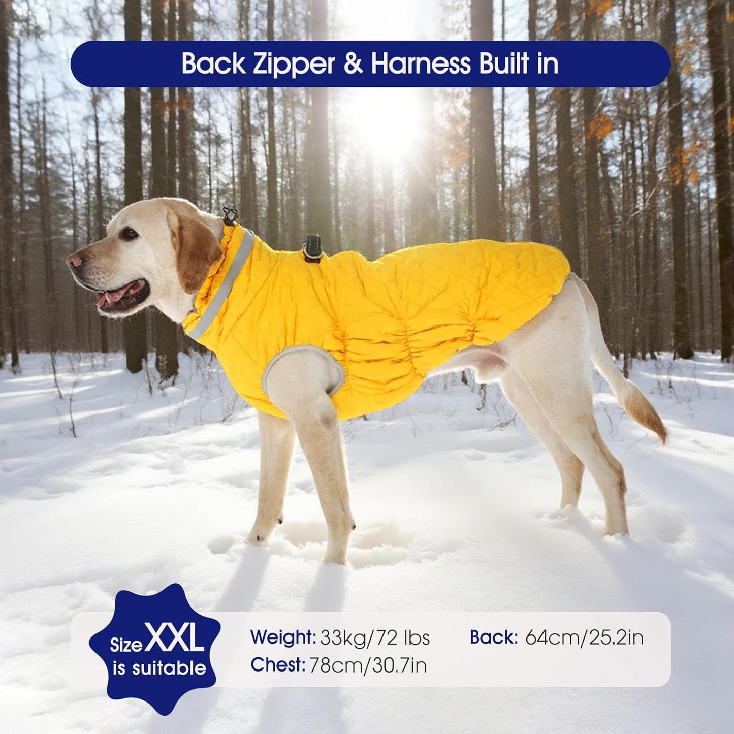 FUAMEY Dog Coat for Medium Dogs,Waterproof Dog Winter Jacket with Harness Built in Puppy Cold Weather Coats Reflective Pet Vest with Zipper Warm Fleece Dogs Snowsuit Windproof Yellow M