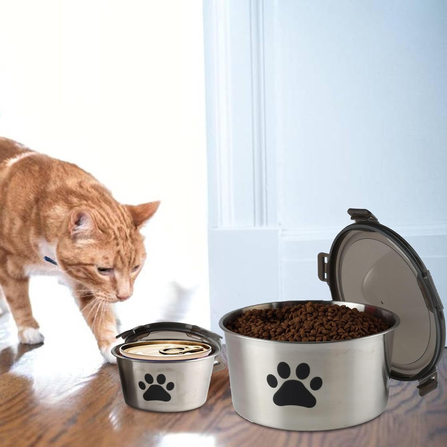 2Pack Cat Food Container, Reusable Can Cat Food Storage Container with Airtight Lid,Stainless Steel Pet Food Storage Containers,2 Cat Food Spoons for Dog Food Storing,Keep Canned Cats Food Fresh