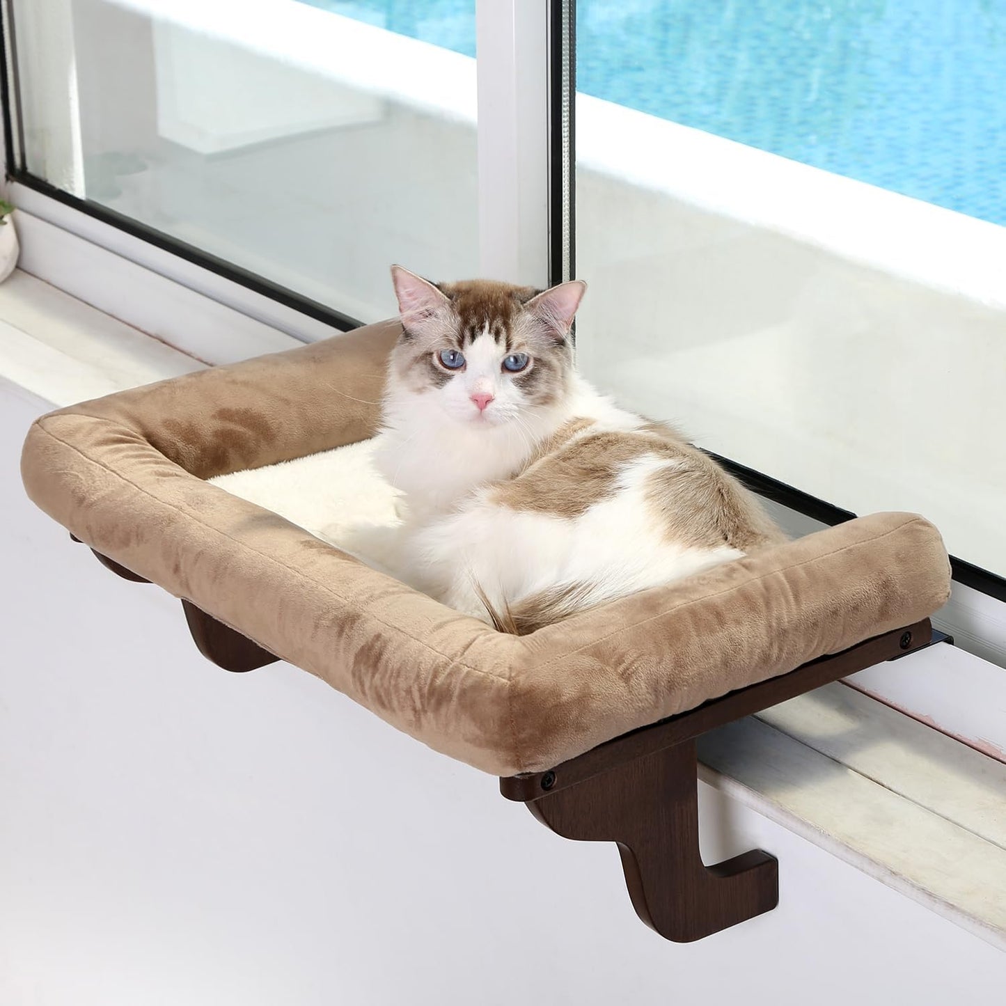 Cat Perch for Window Sill with Bolster - Orthopedic Hammock Design with Premium Hardwood & Robust Metal Frame - Cat Window Seat for Large Cats and Kittens - Dark Stained Wood with Brown Bed