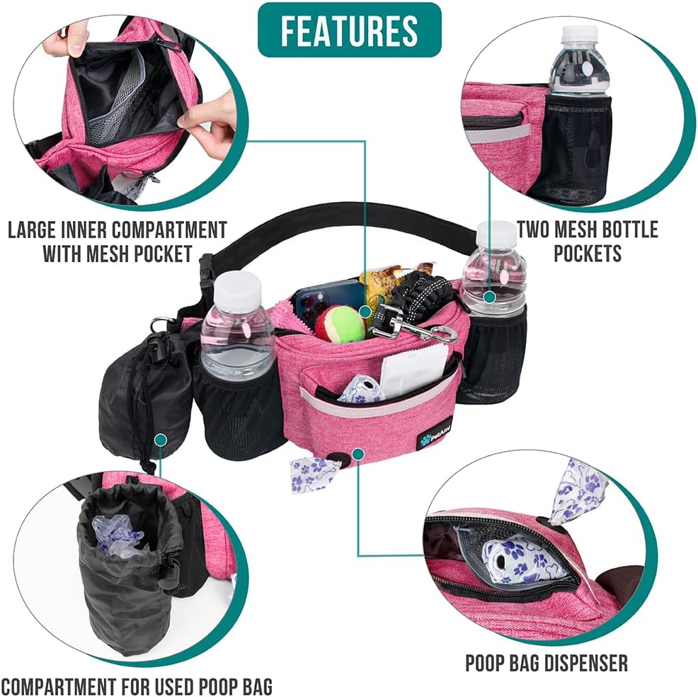 PetAmi Dog Fanny Pack, Treat Pouch for Dog Walking, Training, Built in Poop Bag Dispenser, Water Bottle Holder, Collapsible Bowl, Pet Treat Waist Belt for Hiking, Running, Kibbles (Pink)
