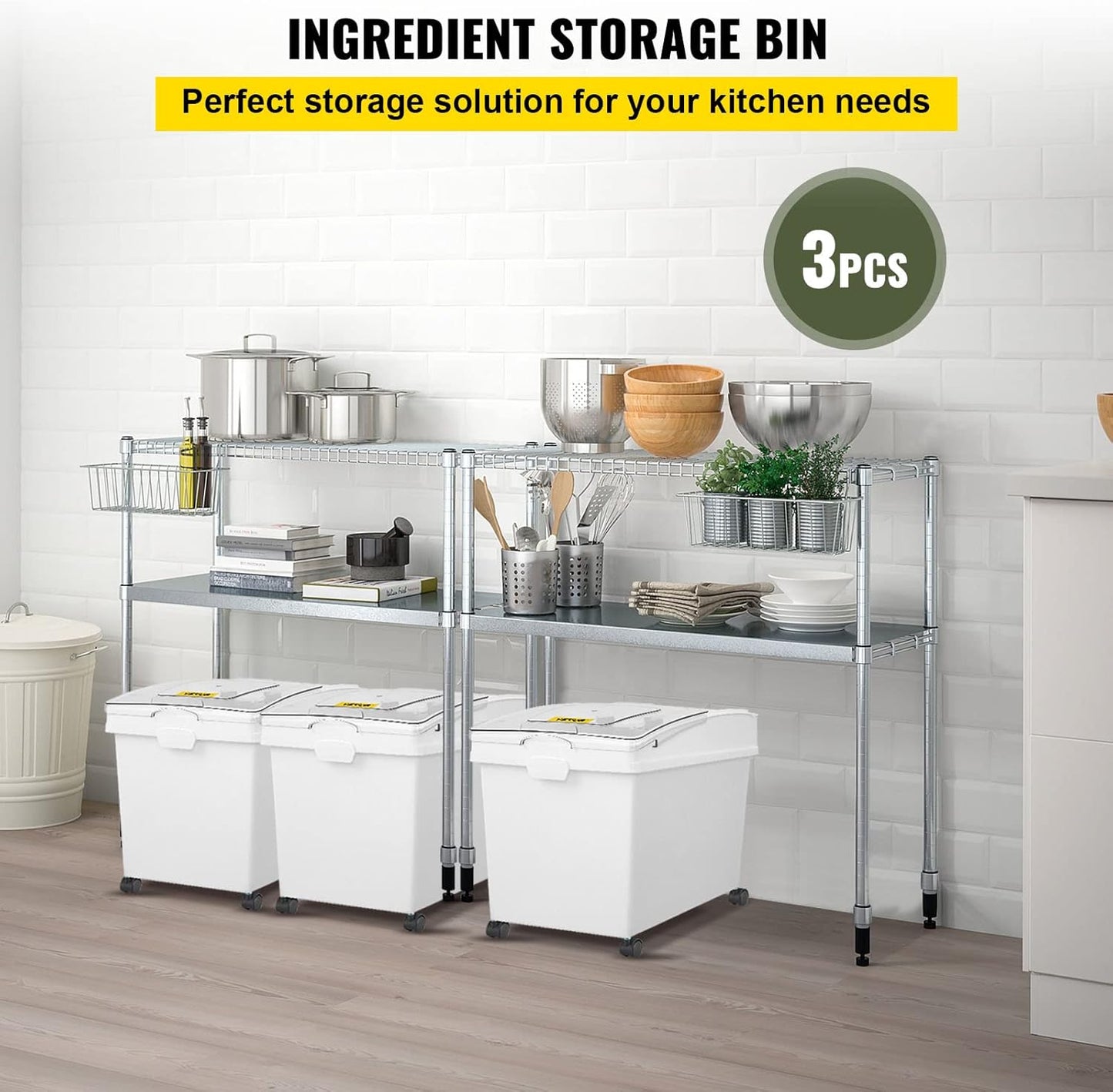 VEVOR Ingredient Bin, 10.5 Gallons Capacity Ingredient Storage Bin, PP Material Flour Bins On Wheels, White Shelf Ingredient Bin with Scoop and Sliding Lid, Commercial Storage Bins 3 Pcs/Set