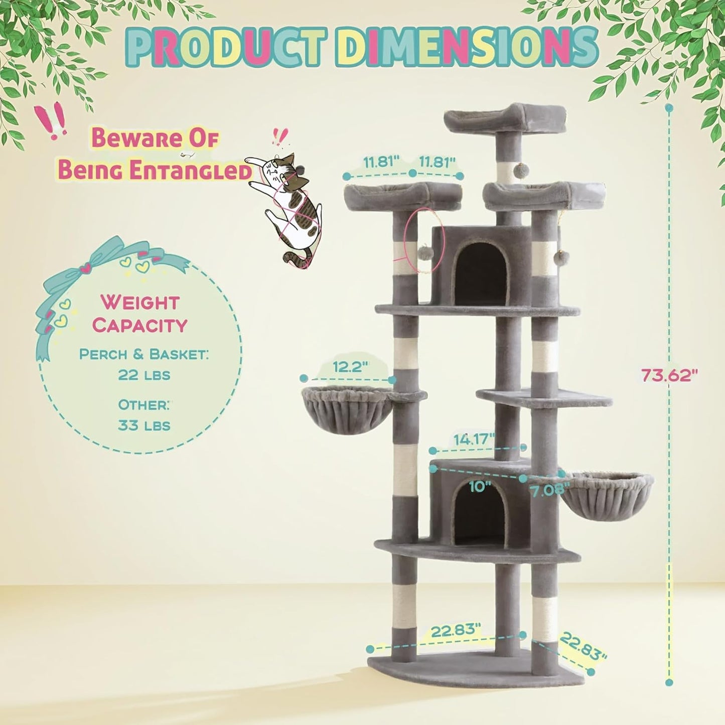 SHA CERLIN 73" Space-Saving Cat Tree/Multi-Level Tall Cat Tower with Perches/Scratching Posts/Condo & Hanging Baskets/Modern Fan-Shaped Design for Indoor Kitties/Pet Activity House/Grey