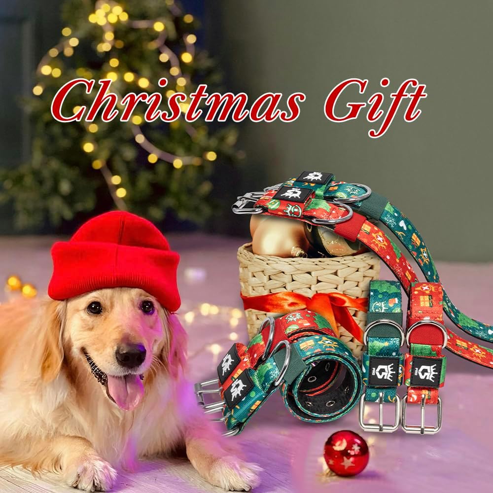 TSPRO Tactical Dog Collar 1.25 Inch Wide Thick Dog Collars with Heavy Duty Metal Buckle, Durable, Strong, Adjustable for Small Dogs (Christmas Red S)