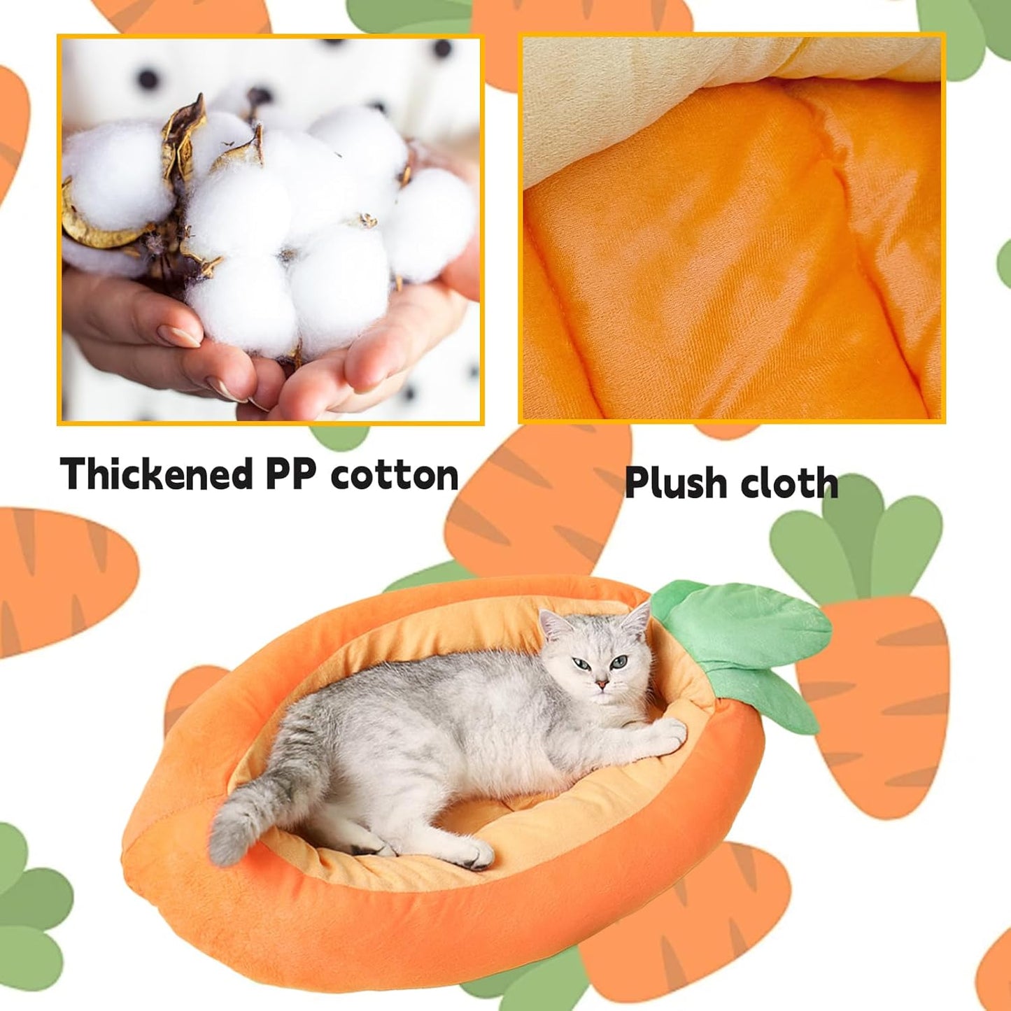 Bunny Bed, Rabbit Bed Carrot Shape, Soft & Machine Washable with Removable Cushion for Guinea Pig Chinchilla Squirrel Hedgehog and Other Small Animals (Carrot Shape)