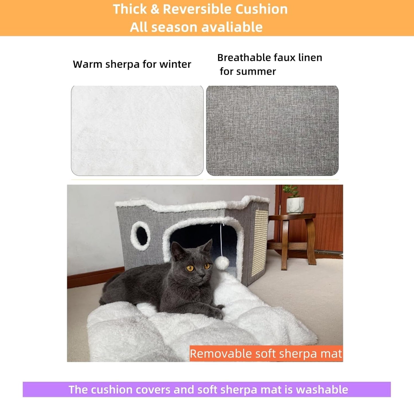 Cat Bed for Indoor Cats,Covered Cat Cave House & Furniture with Scratch Pad,Foldable Cat Hideaway Hut Cute Cat Condo with Soft Washable Mat for Multi Small Pet Under 30 lbs, Pink