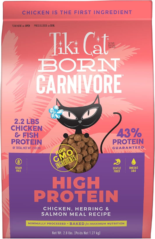 Tiki Cat Born Carnivore High Protein Dry Cat Food, Chicken Herring & Salmon Meal, 2.8 lbs. Bag