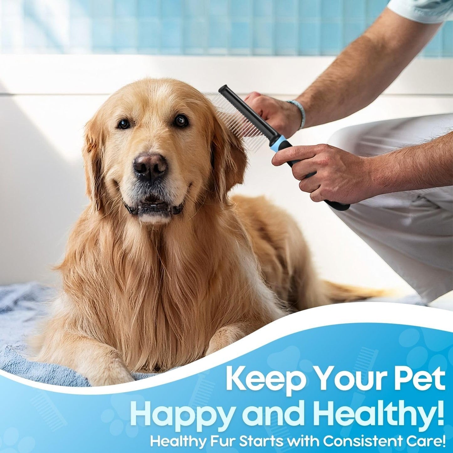 Flexzion Metal Pet Comb for Cats & Dogs - Sturdy Stainless Steel Rounded Teeth with Non-Slip Soft Grip Handle Easy to Use Grooming Detangling Cat Combs for Indoor Cats, Blue